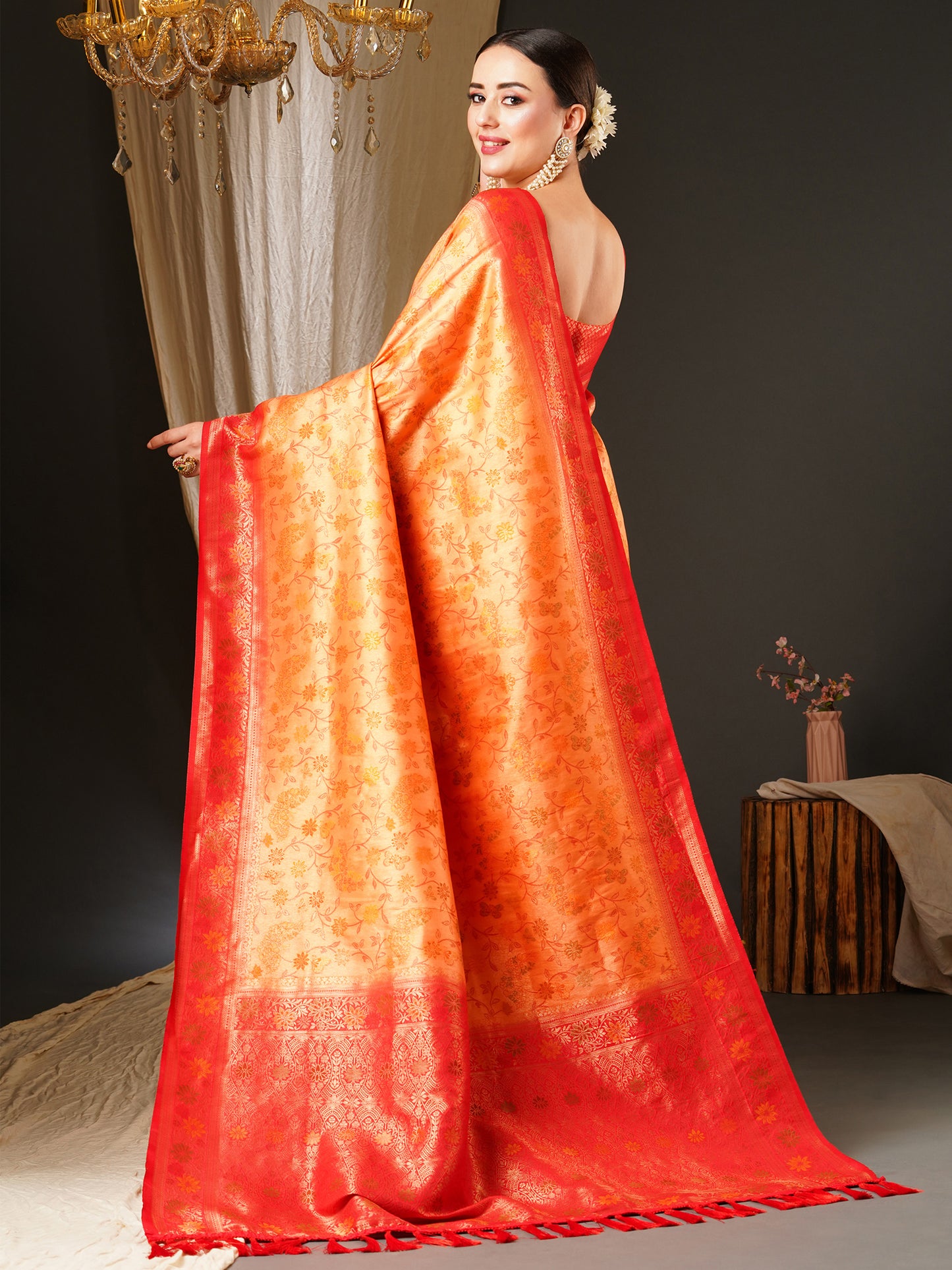 Women's Kanjeevaram Silk Peach Woven Design Celebrity Saree With Blouse Piece