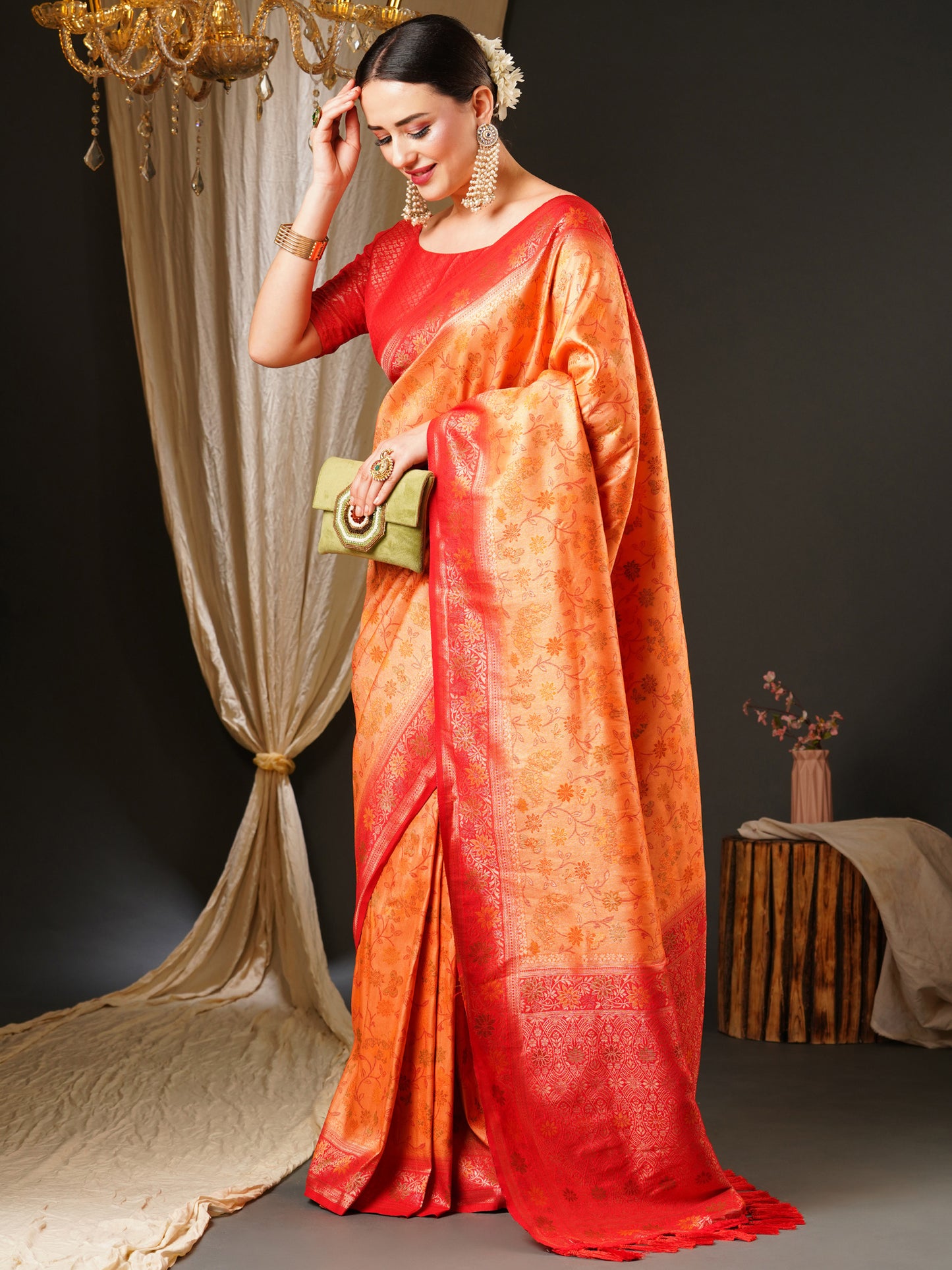 Women's Kanjeevaram Silk Peach Woven Design Celebrity Saree With Blouse Piece