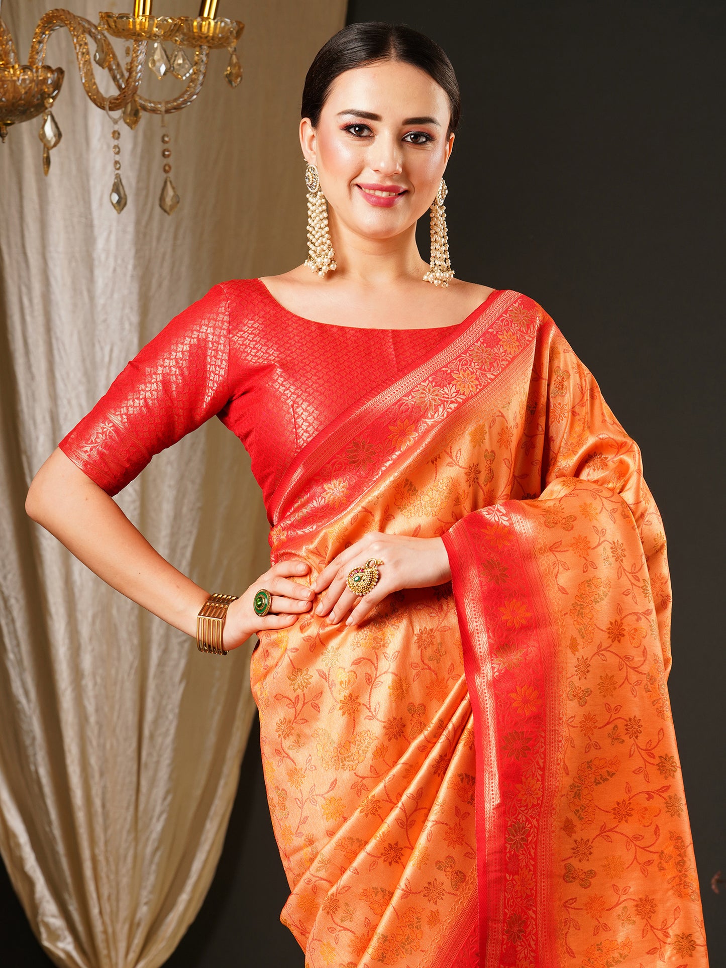 Women's Kanjeevaram Silk Peach Woven Design Celebrity Saree With Blouse Piece