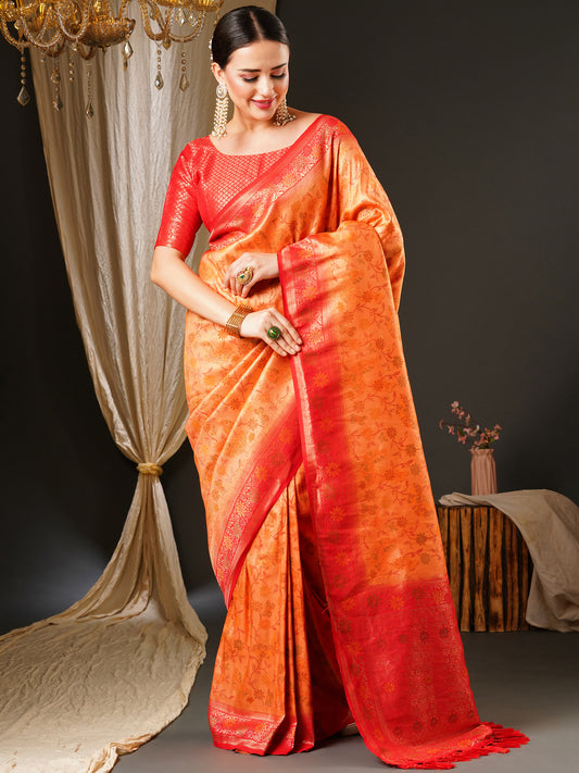 Women's Kanjeevaram Silk Peach Woven Design Celebrity Saree With Blouse Piece