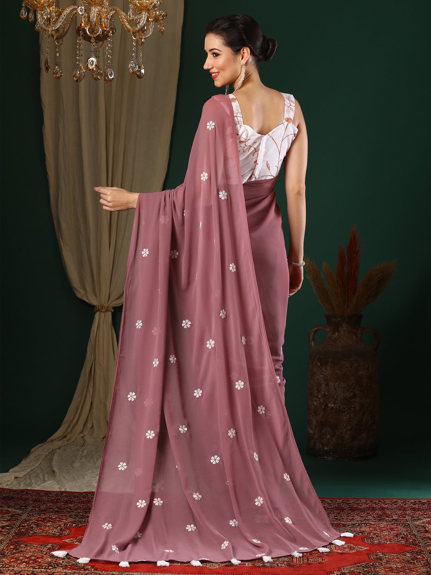 Women's Georgette Rose Gold Embroidered Designer Saree With Blouse Piece