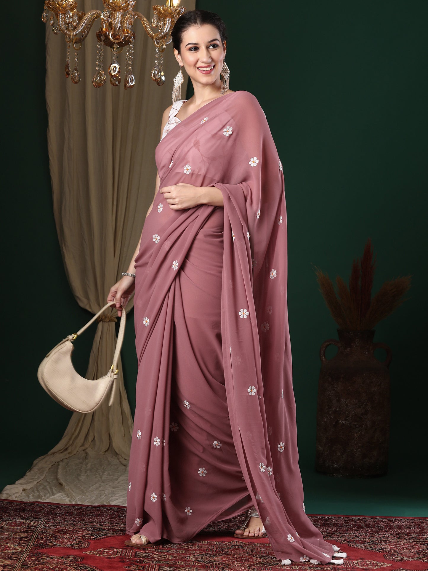 Women's Georgette Rose Gold Embroidered Designer Saree With Blouse Piece