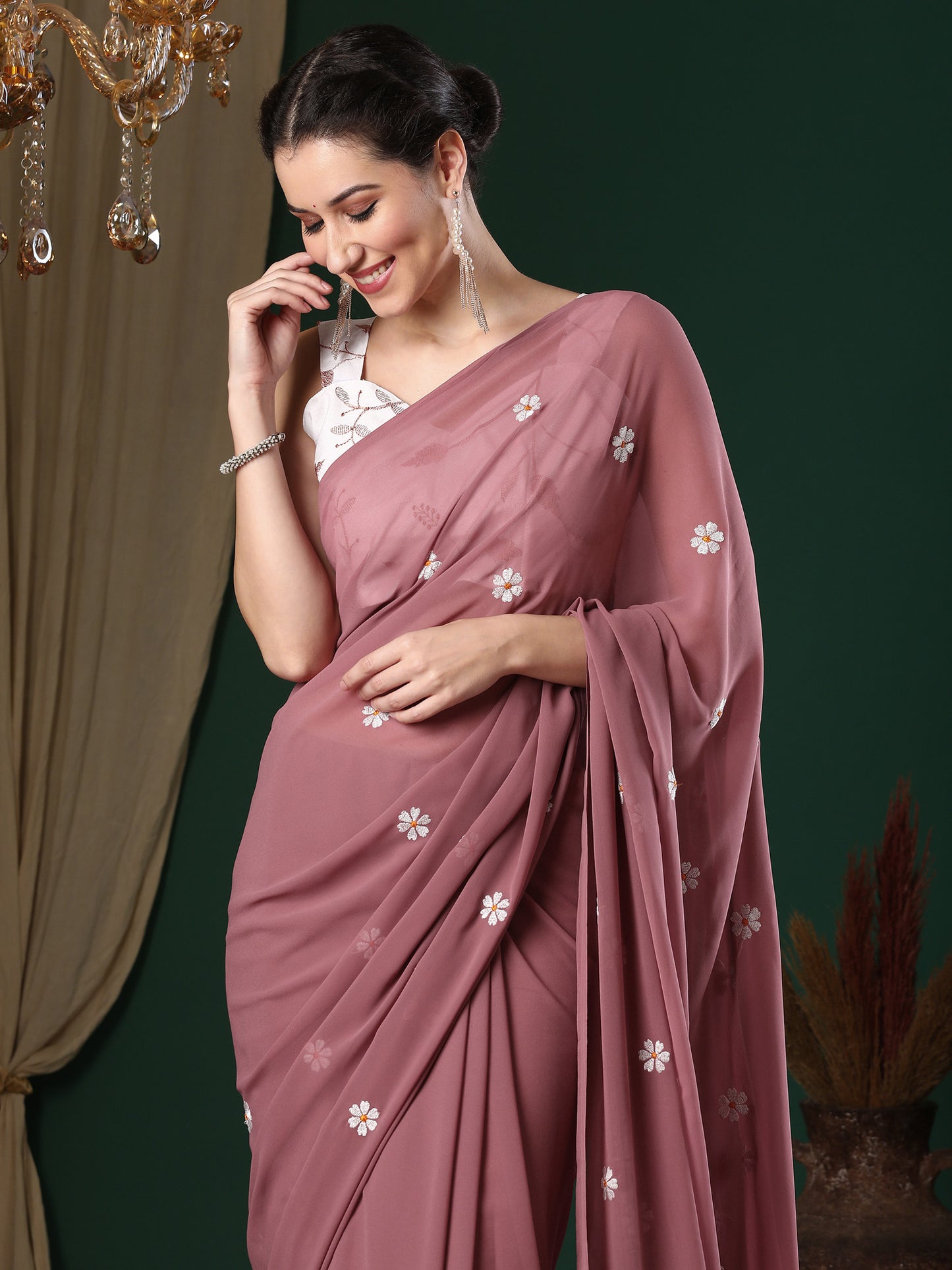 Women's Georgette Rose Gold Embroidered Designer Saree With Blouse Piece
