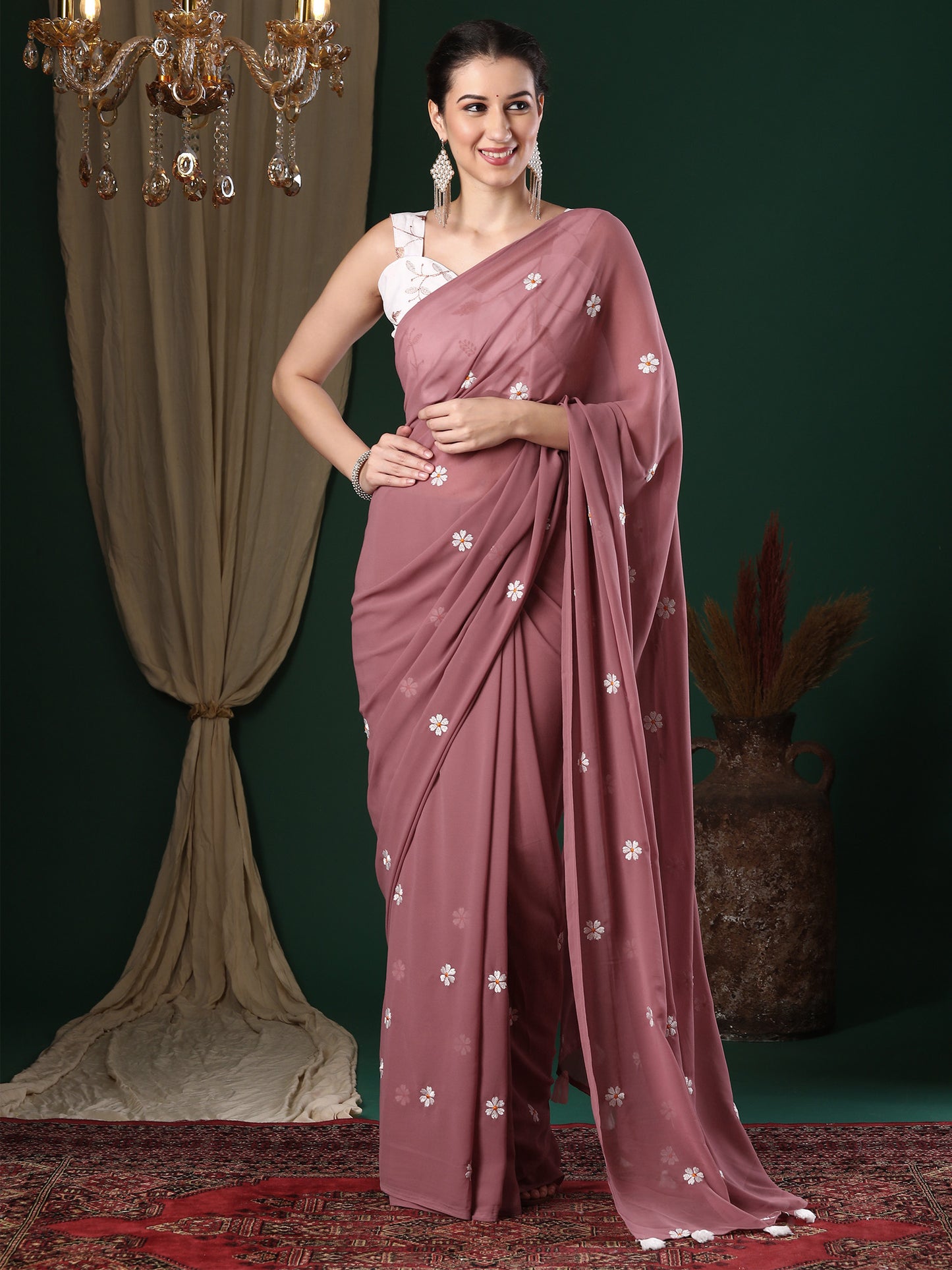Women's Georgette Rose Gold Embroidered Designer Saree With Blouse Piece