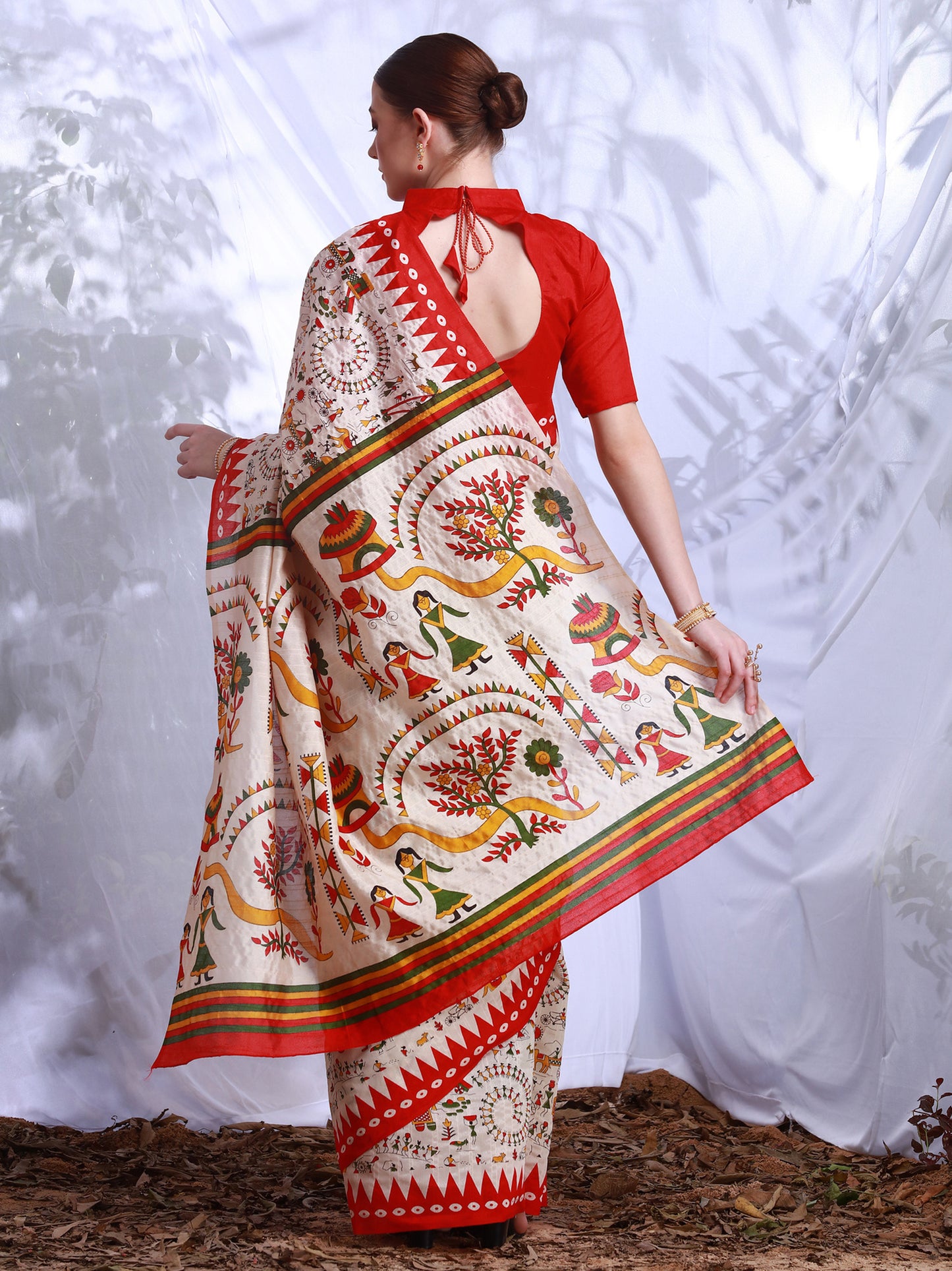 Women's Bhagalpuri Silk Cream Printed Designer Saree With Blouse Piece