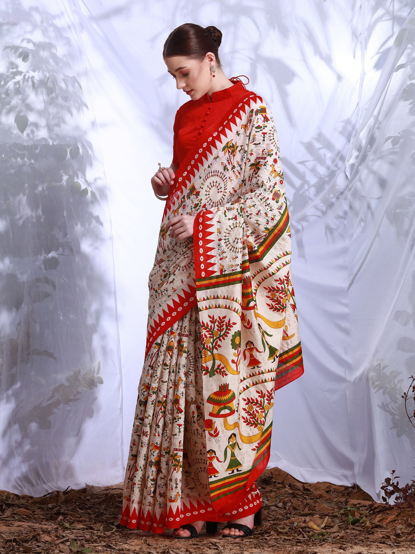 Women's Bhagalpuri Silk Cream Printed Designer Saree With Blouse Piece
