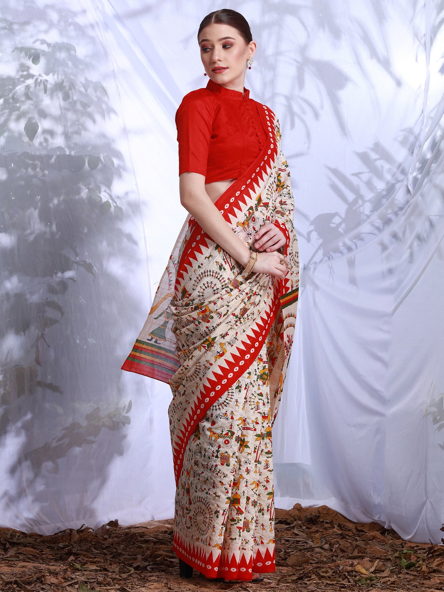 Women's Bhagalpuri Silk Cream Printed Designer Saree With Blouse Piece