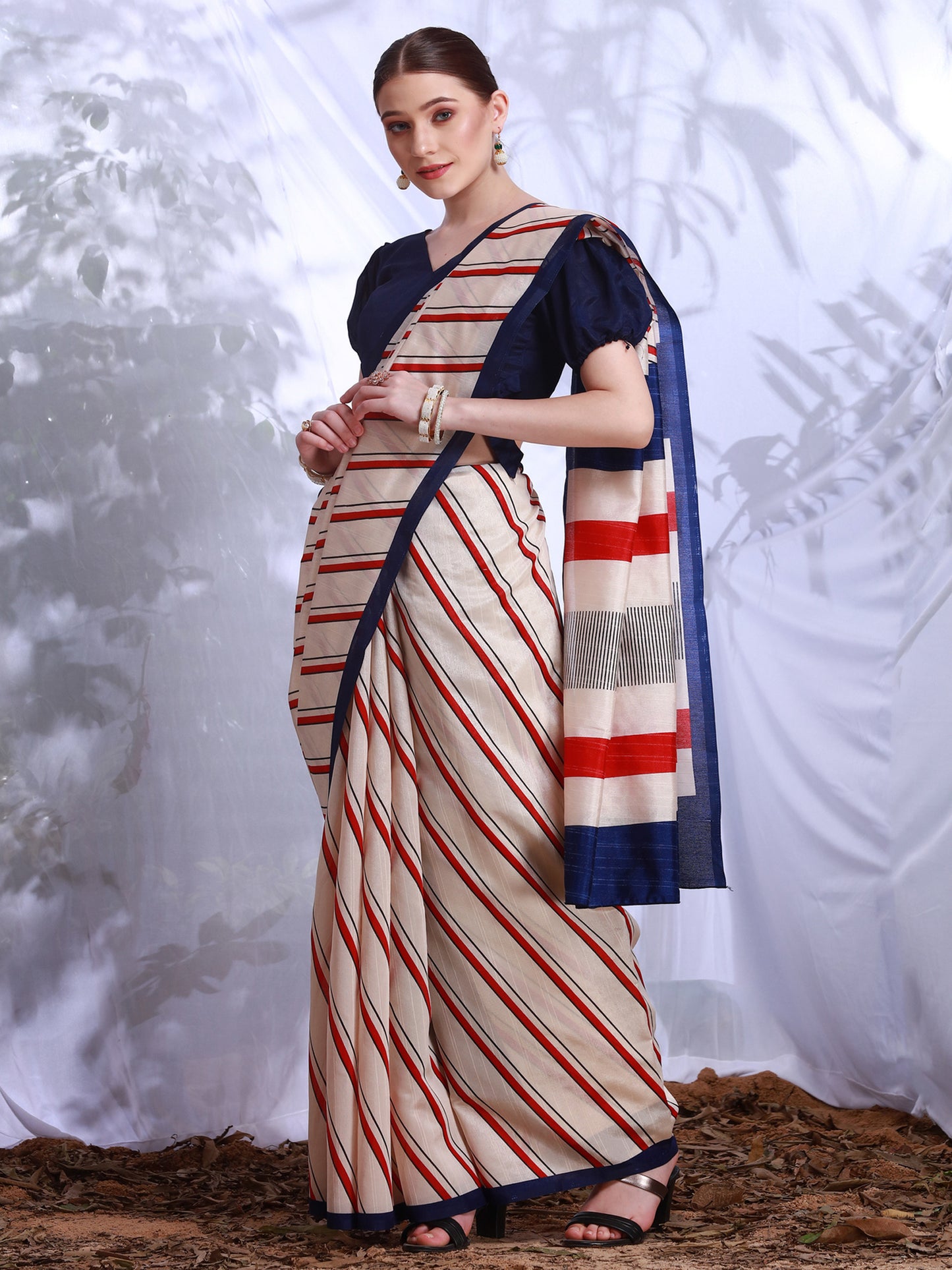 Women's Bhagalpuri Silk Cream Printed Designer Saree With Blouse Piece