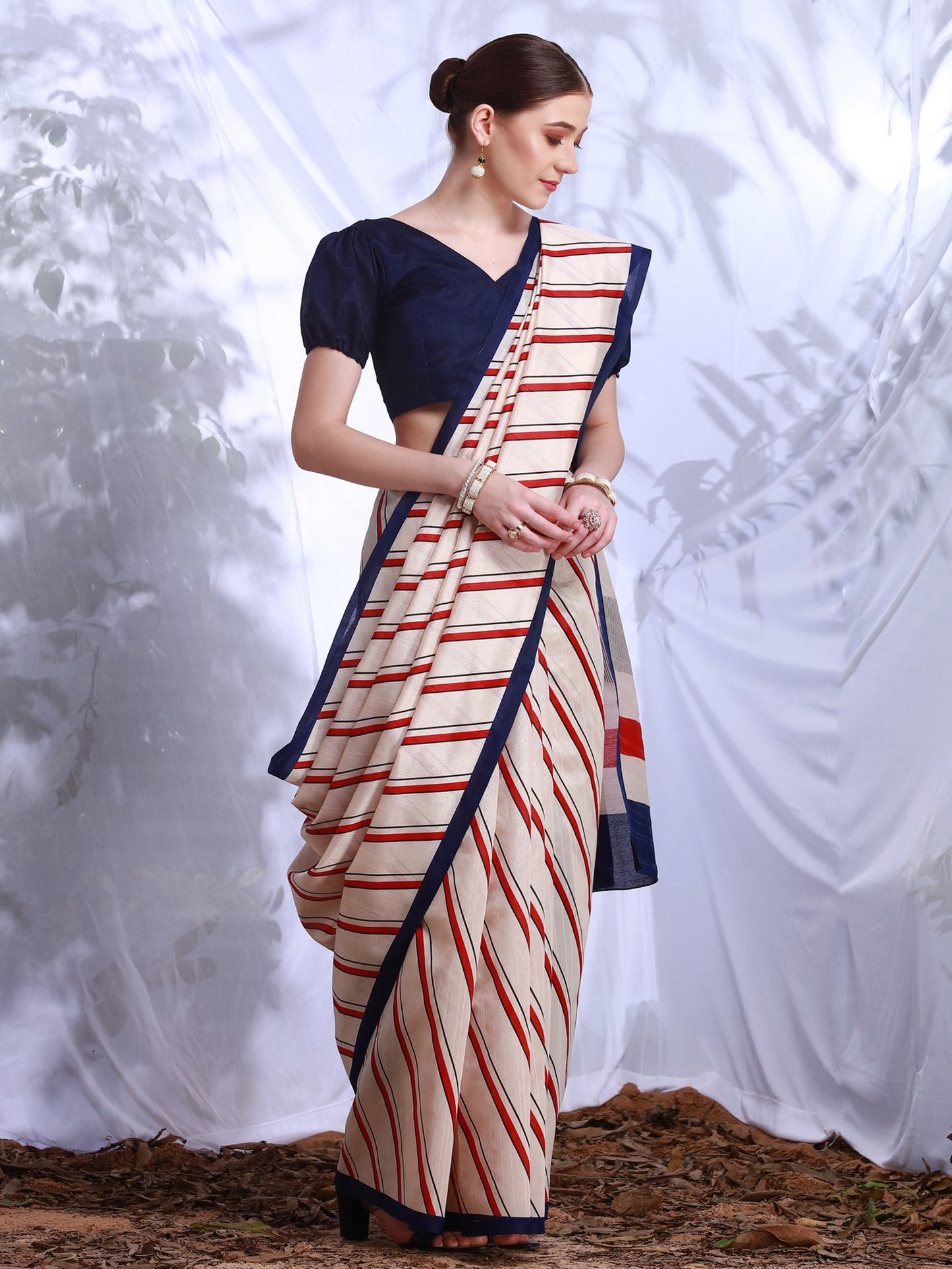 Women's Bhagalpuri Silk Cream Printed Designer Saree With Blouse Piece