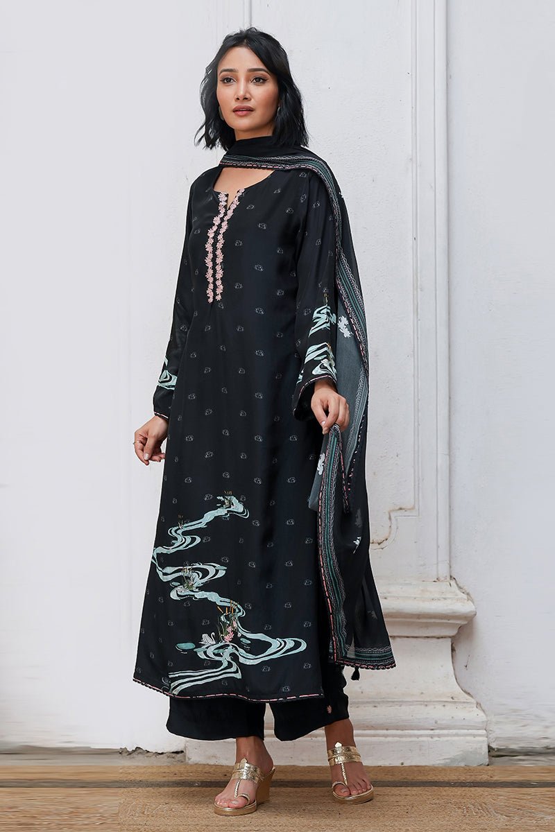 Women's Black Bemberg Silk Salwar Suit With Chinon Silk Dupatta