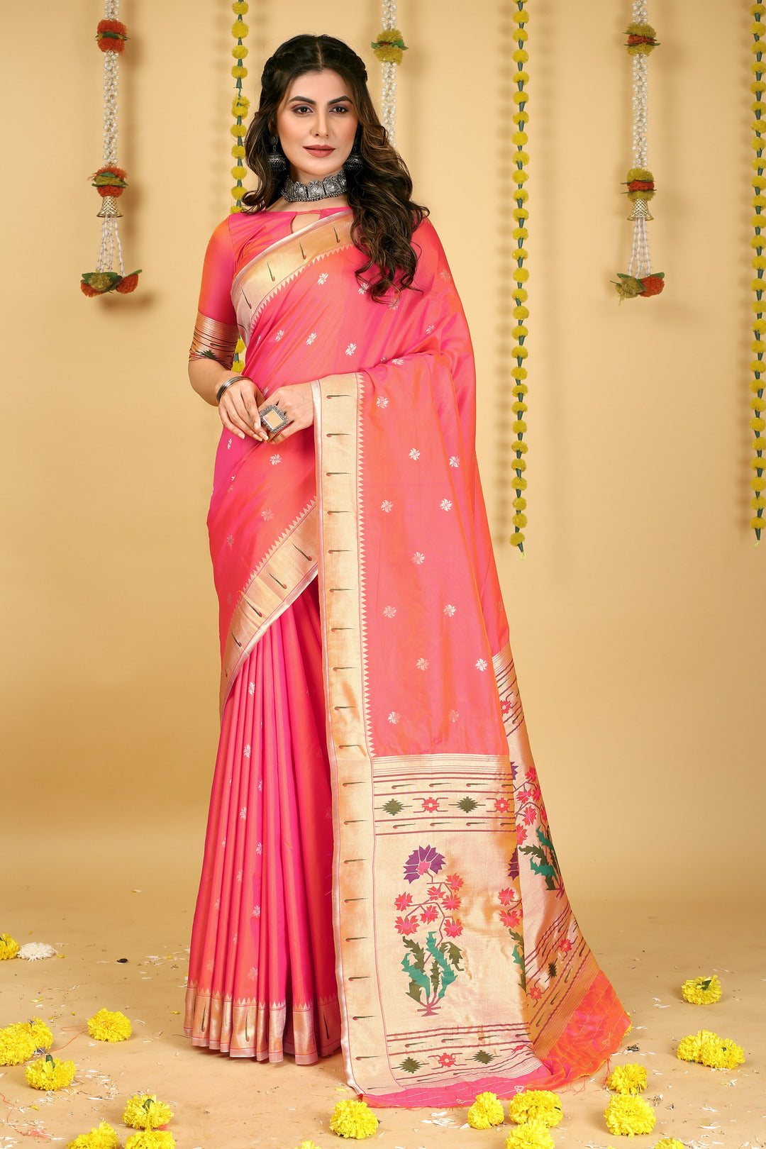 Dhiyona GR Women's Mastani 2 Peachy Pink Zari Paithani Silk Saree