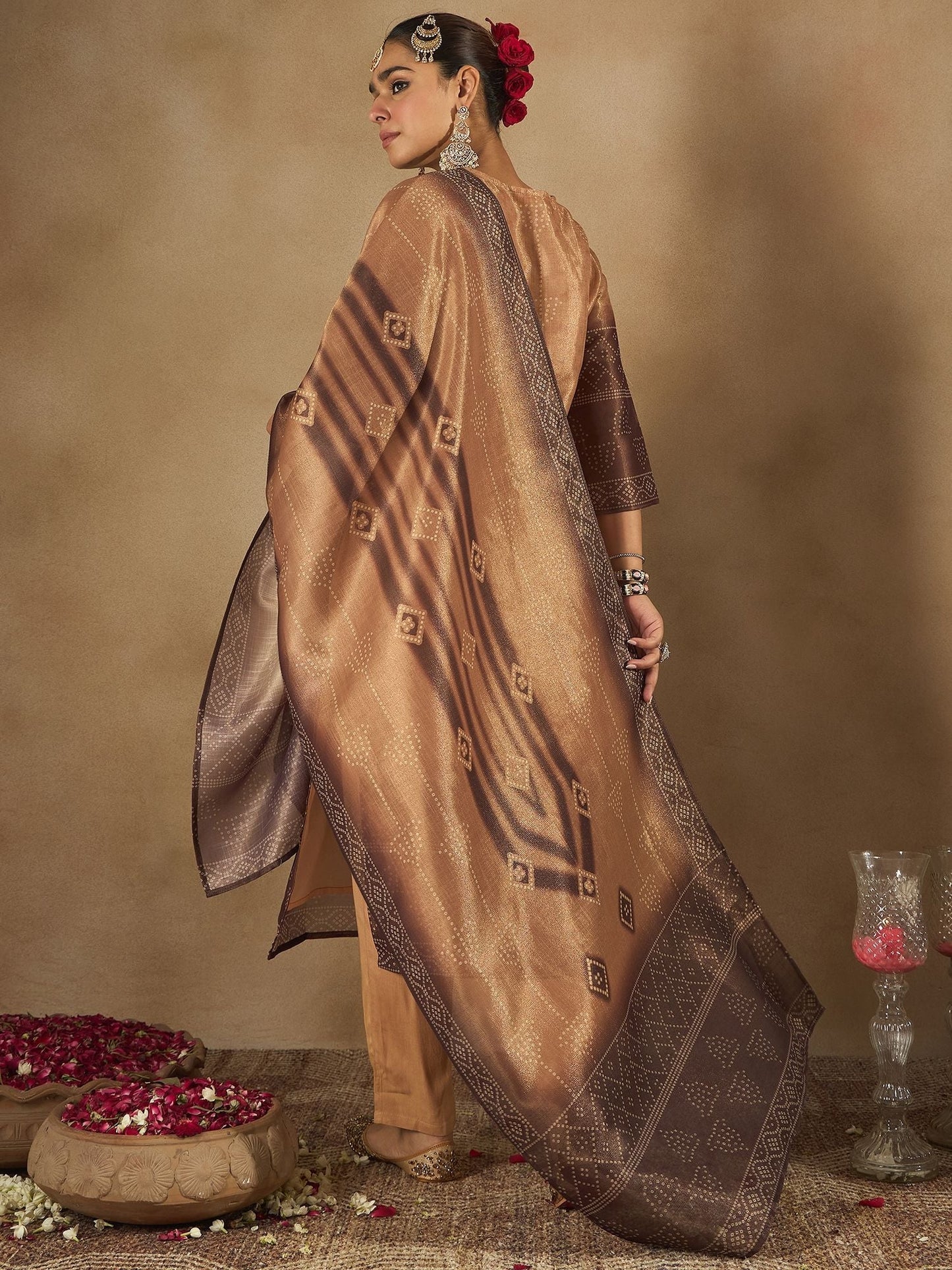 Dhiyona IE Floral Embroidered Embellished V-Neck Straight Kurta with Trouser And Dupatta
