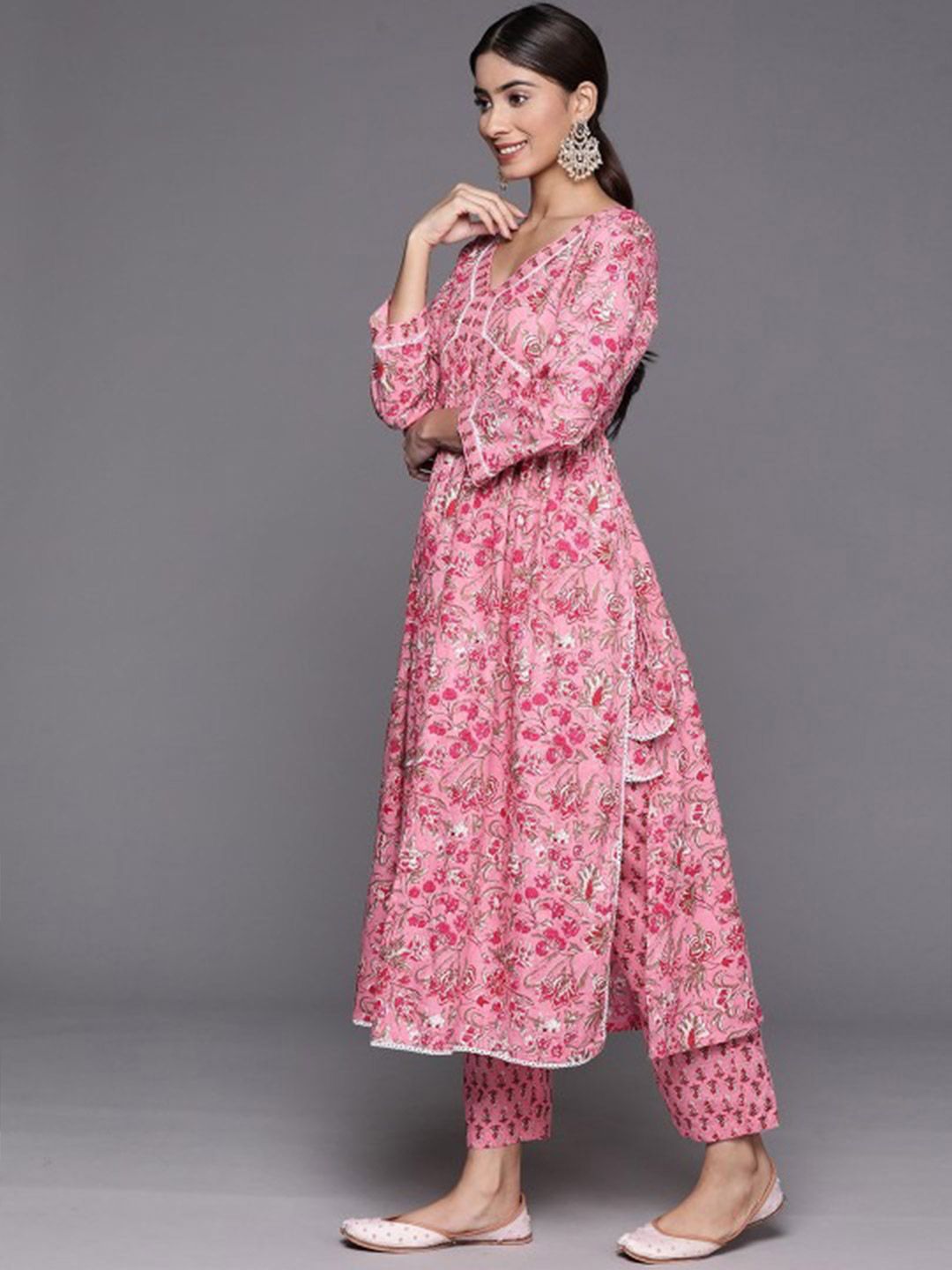 Dhiyona VA Women's Floral Printed Empire Pure Cotton Kurta with Trousers & With Dupatta