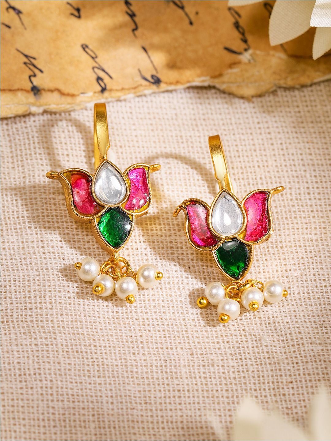 Dhiyona RJ Women's 22K Gold-Plated Ruby, Emerald & Kundan Lotus Motif Minimal Ear Cuff with Pearl Drop