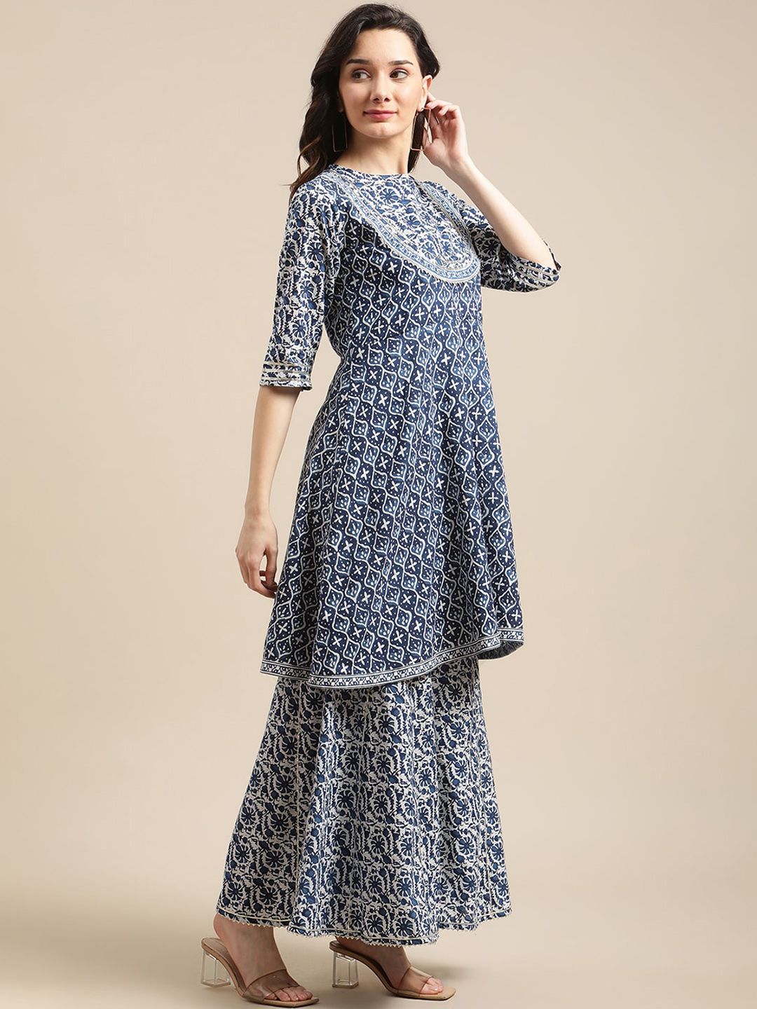 Dhiyona VA Women'sBlue & White Floral Printed Flared Kurta Sharara Set