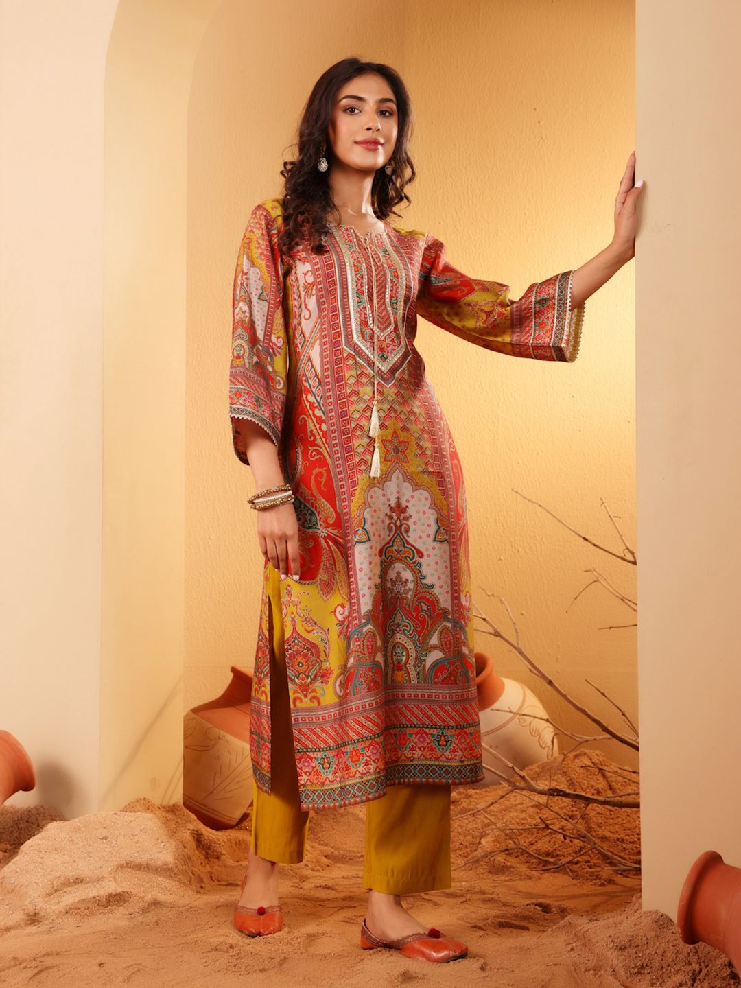 Dhiyona VA Women'sEthnic Motifs Embroidered Gotta Patti Notch Neck Chanderi Silk Kurta With Trousers