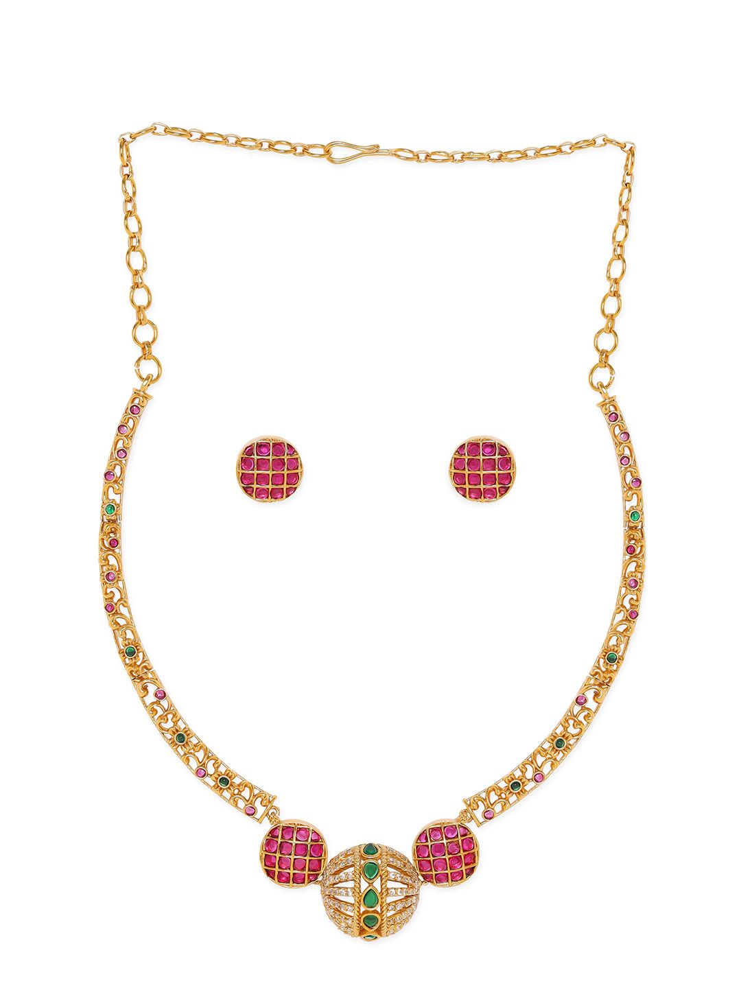 Dhiyona RJ Women's 24K Gold Plated Ruby & Emerald CZ Studded Handcrafted Traditional Jewellery Set