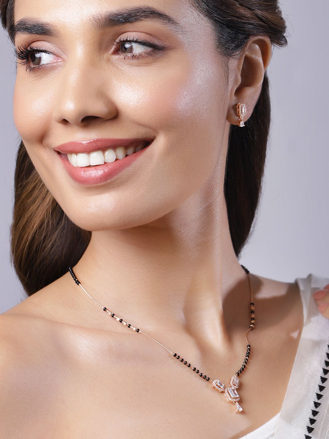 Dhiyona RJ Women's 22K Rose Gold Plated AD & CZ Stone Studded Black Beads Mangalsutra Set