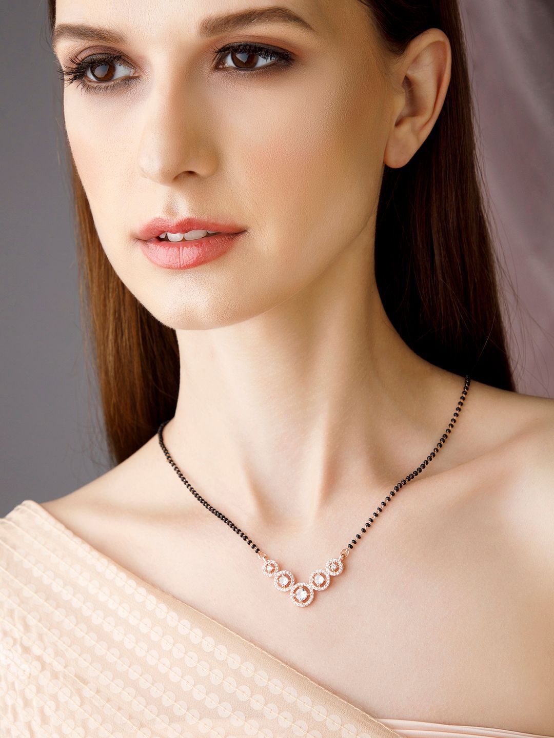 Dhiyona RJ Women's 18K Rose Gold Plated Cubic Zirconia Studded Black Beaded Mangalsutra