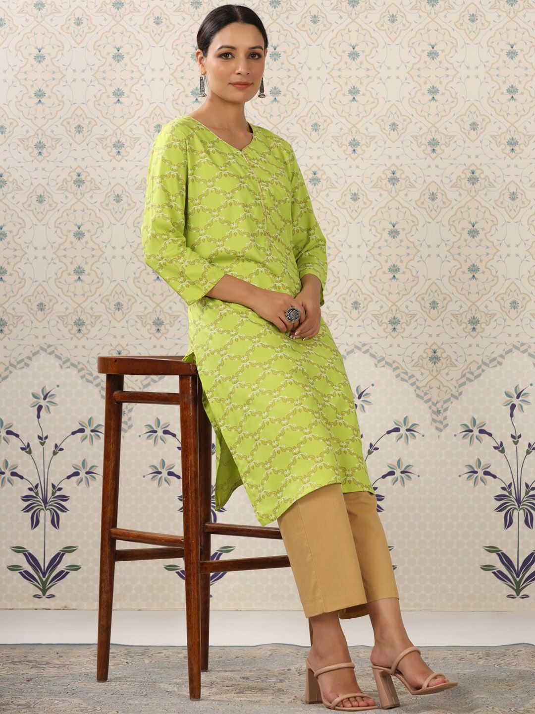Dhiyona OD Lime Green & Beige Printed V Neck Kurta With Palazzos