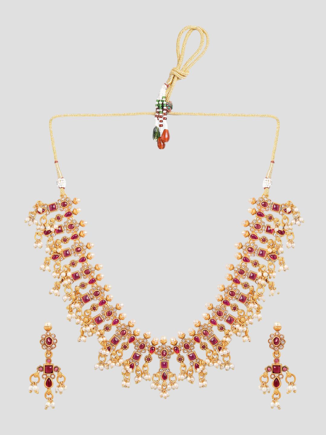 Dhiyona RJ Women's 22K Gold-Plated Ruby Kundan & Cubic Zirconia Studded Necklace Set with Pearl Beads