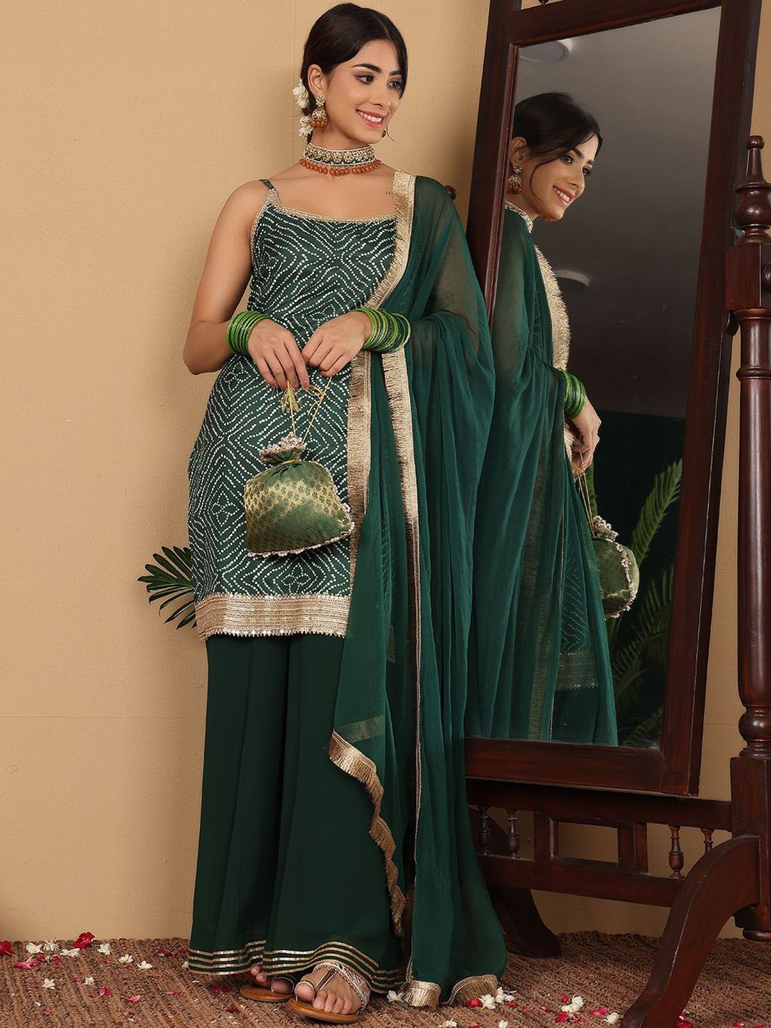 Dhiyona VA Women'sBandhani Printed Beads and Stones Pure Silk Straight Kurta With Palazzo & Dupatta