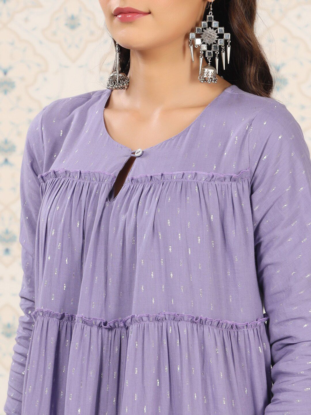 Dhiyona OD Keyhole Neck A-Line Tiered Woven Design Pure Cotton Kurta Set