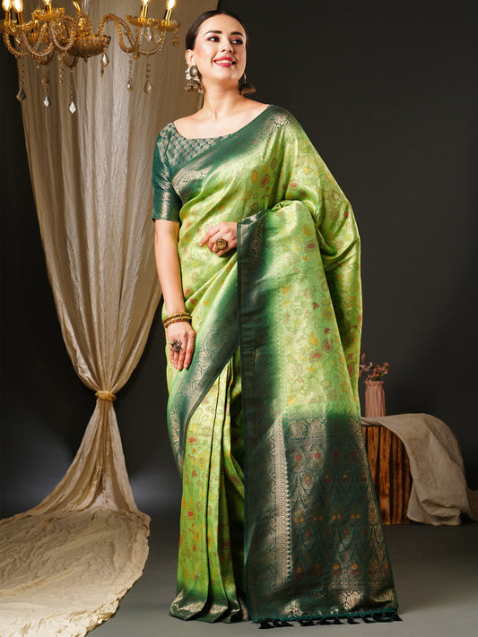 Women's Kanjeevaram Silk Light Green Woven Design Celebrity Saree With Blouse Piece