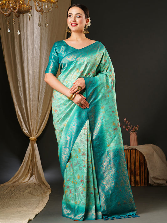 Women's Kanjeevaram Silk Blue Woven Design Celebrity Saree With Blouse Piece