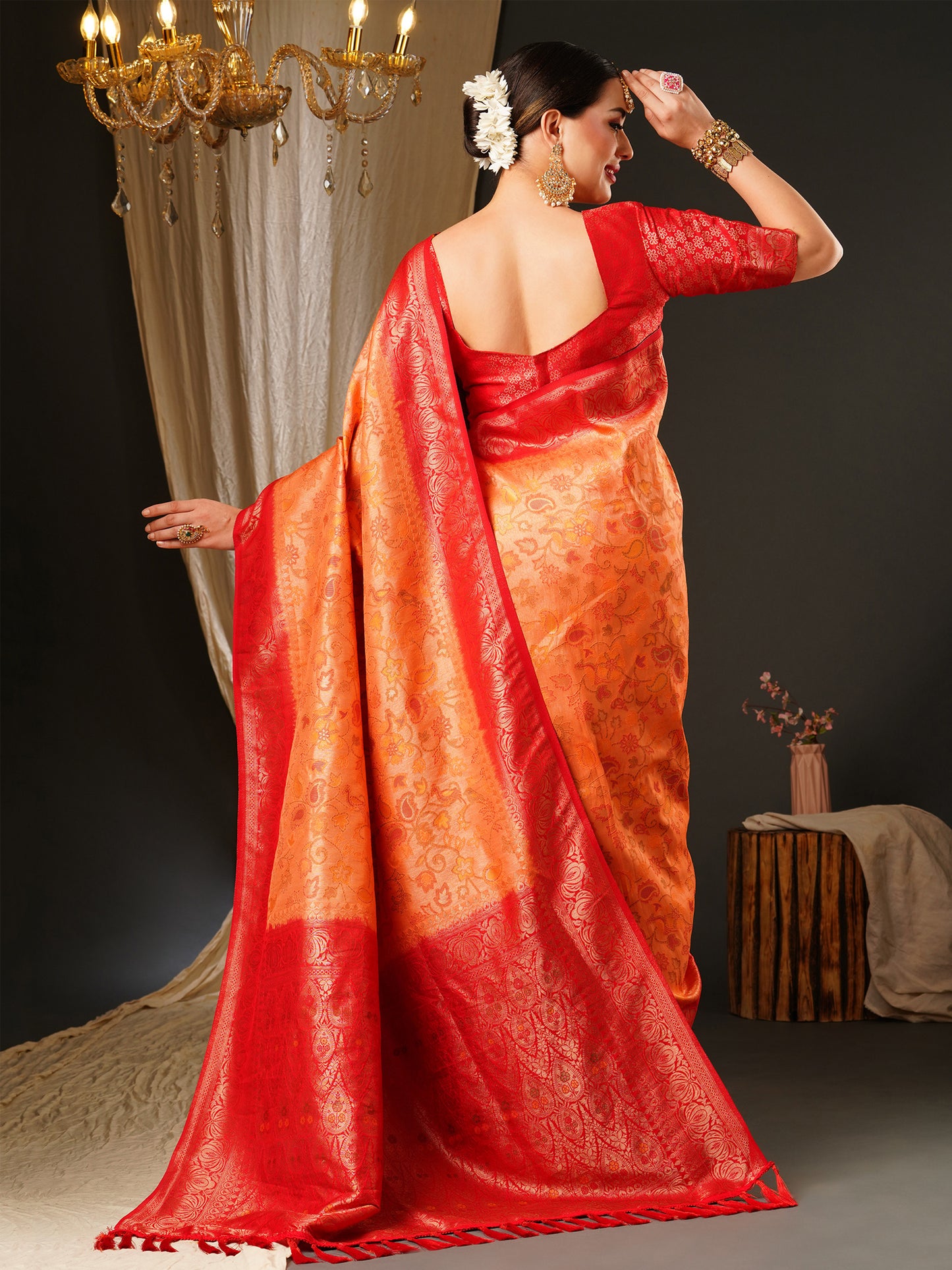 Women's Kanjeevaram Silk Peach Woven Design Celebrity Saree With Blouse Piece