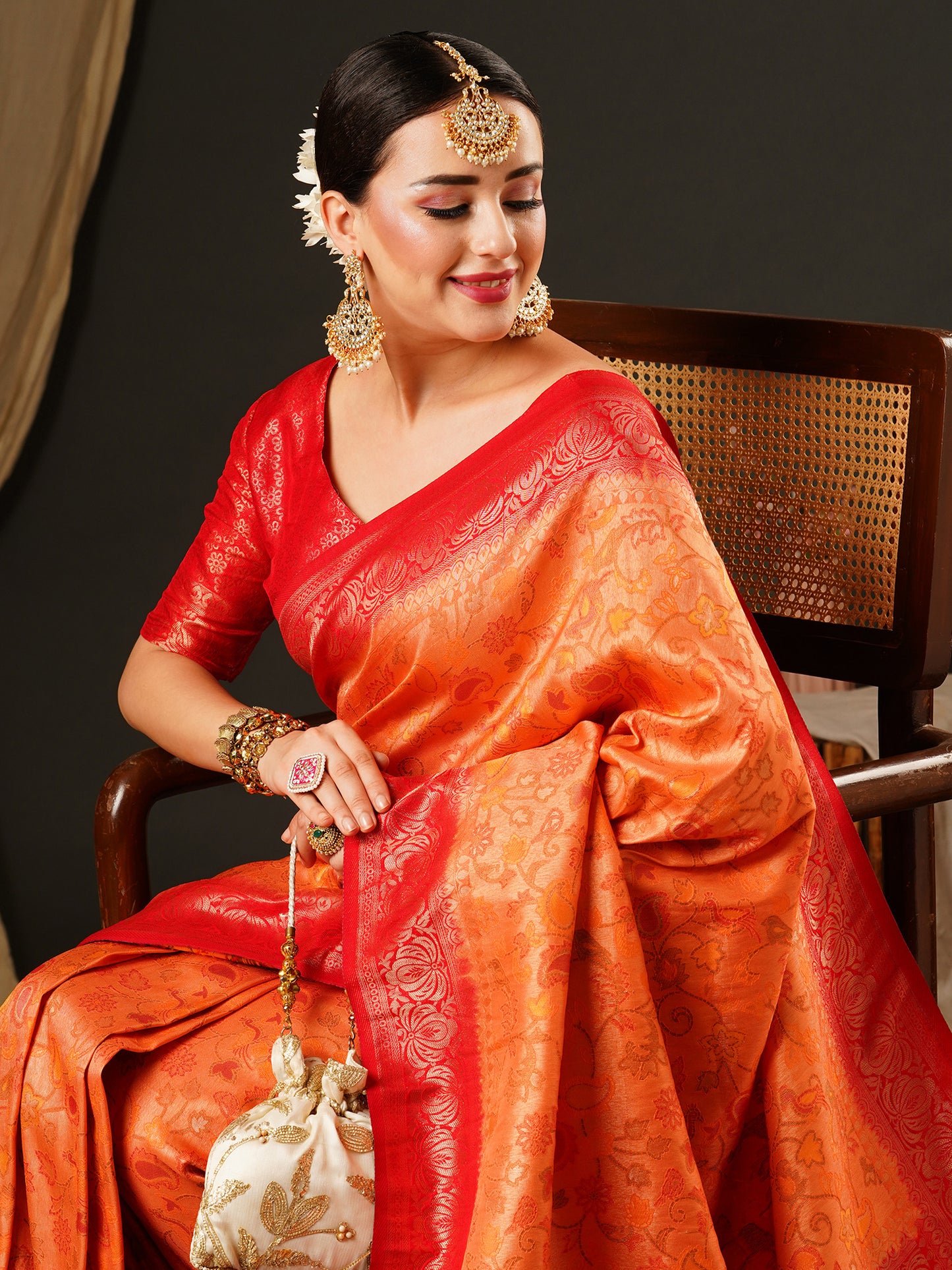 Women's Kanjeevaram Silk Peach Woven Design Celebrity Saree With Blouse Piece