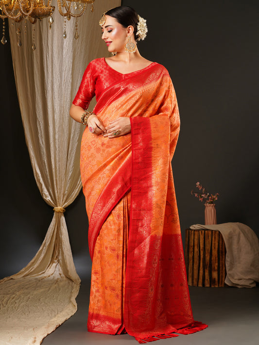 Women's Kanjeevaram Silk Peach Woven Design Celebrity Saree With Blouse Piece