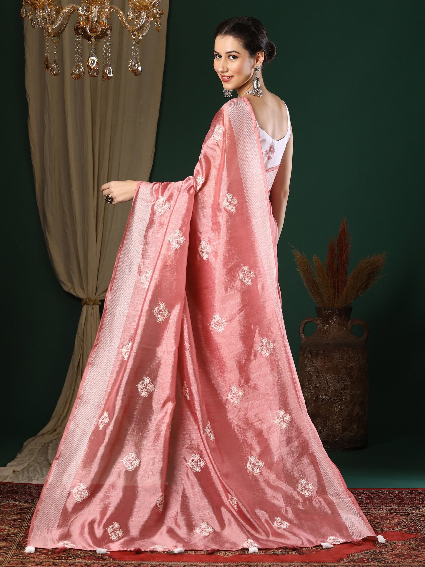 Women's Art Silk Peach Embroidered Designer Saree With Blouse Piece