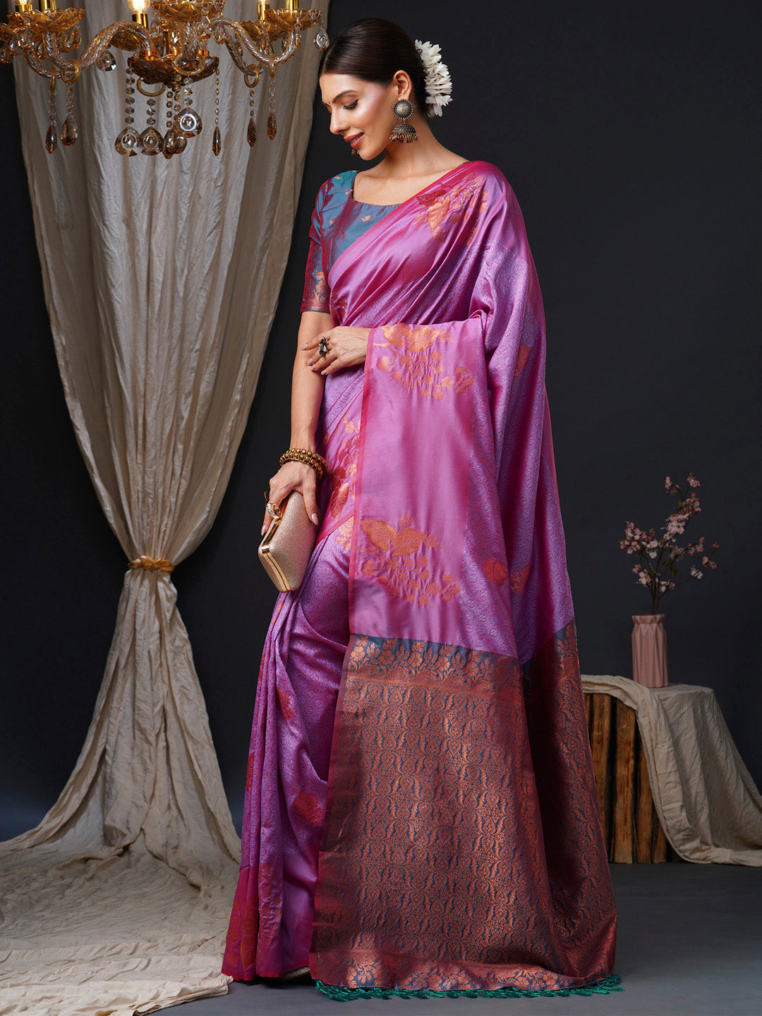 Women's Silk Blend Teal blue Woven Design Designer Saree With Blouse Piece