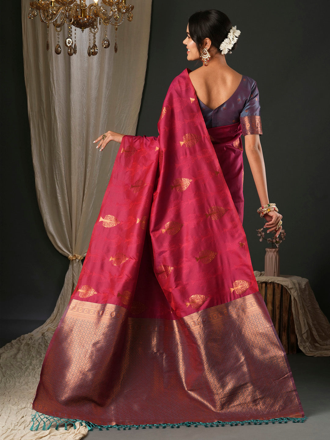 Women's Silk Blend Teal blue Woven Design Designer Saree With Blouse Piece