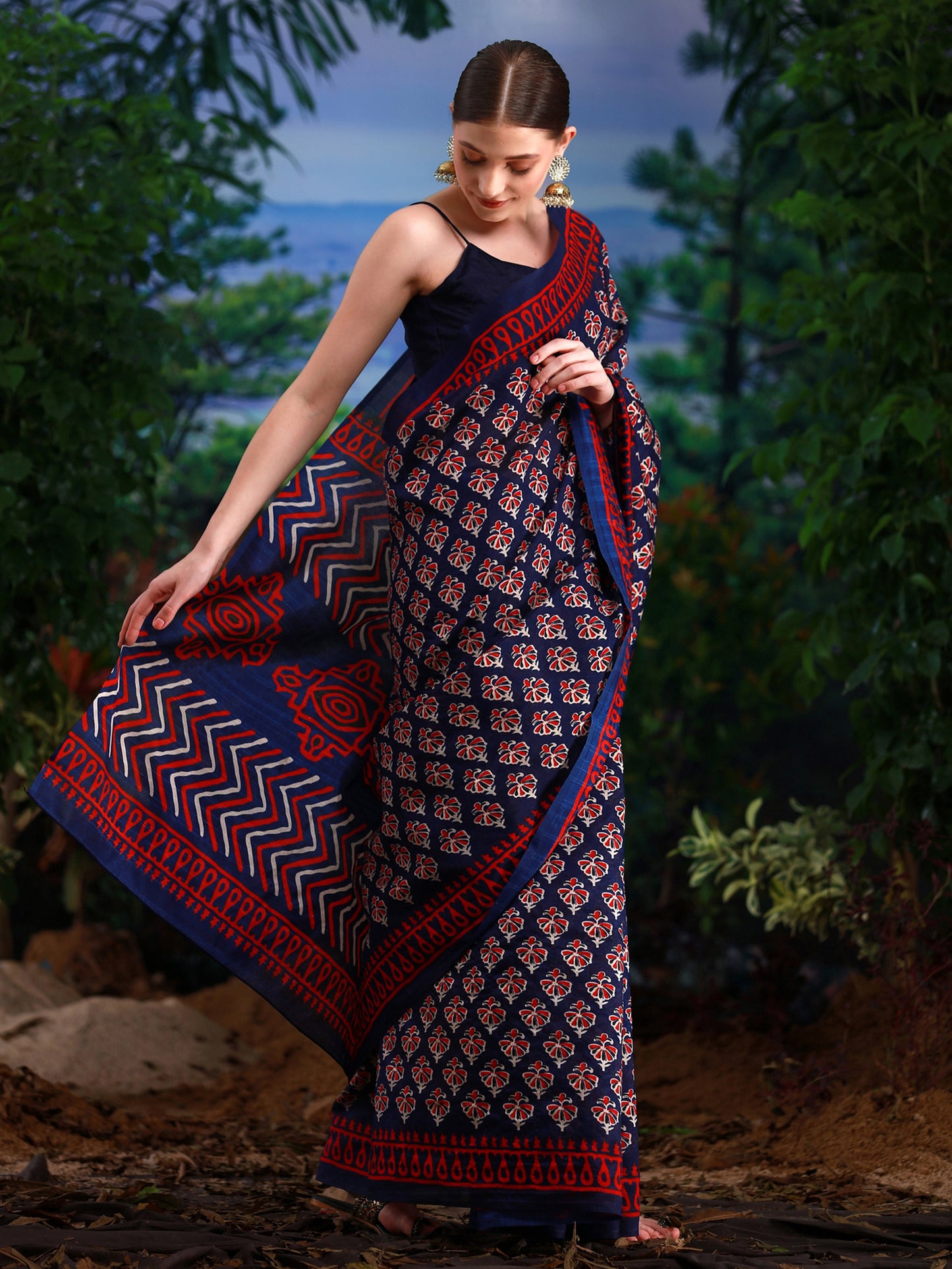 Women's Bhagalpuri Silk Navy Blue Printed Designer Saree With Blouse Piece