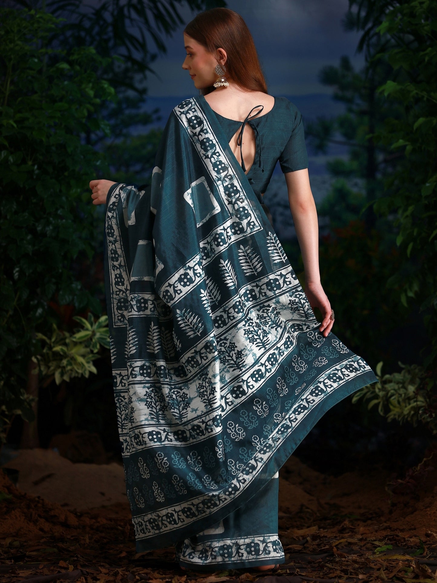 Women's Bhagalpuri Silk Teal blue Printed Designer Saree With Blouse Piece