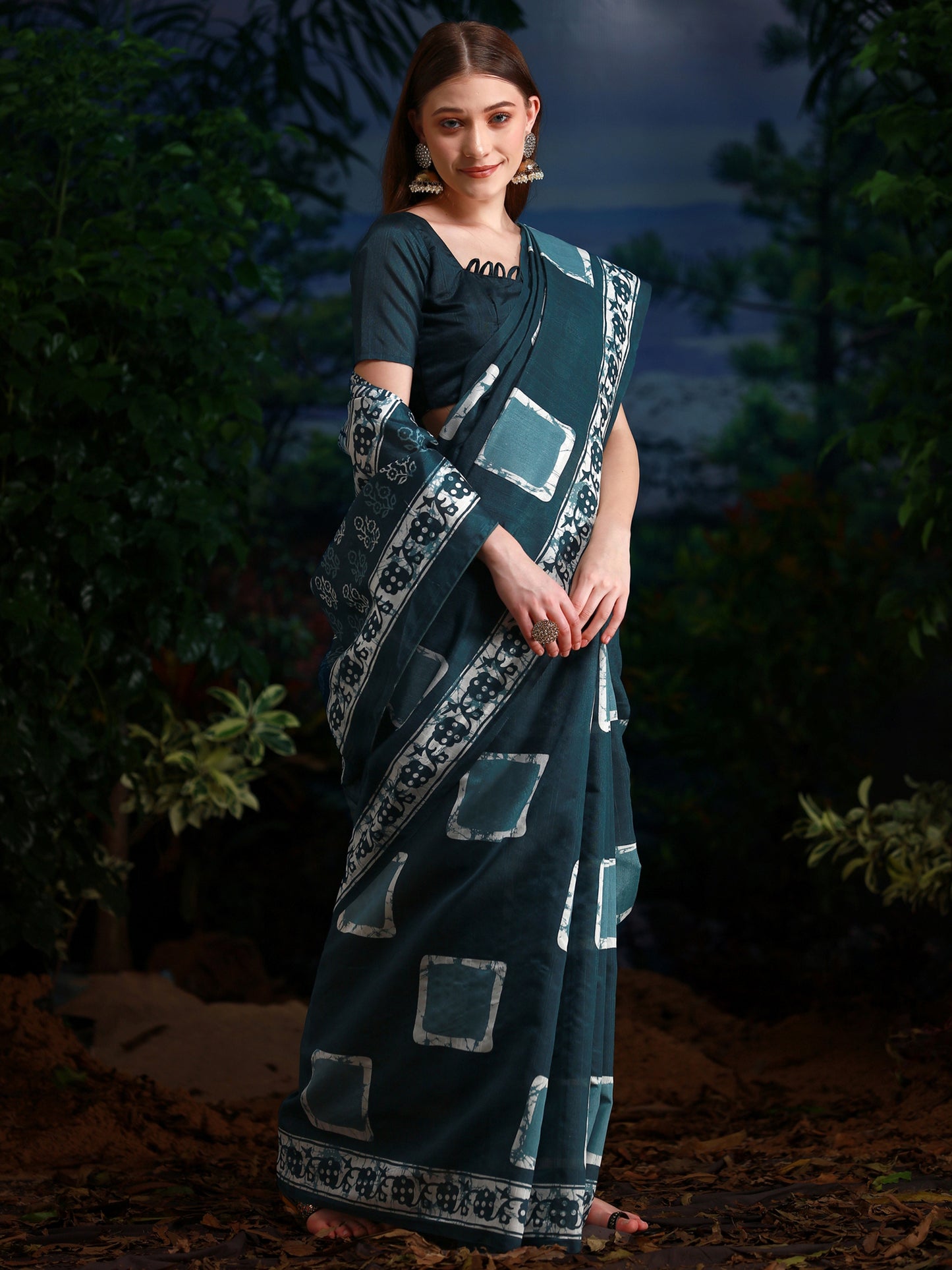 Women's Bhagalpuri Silk Teal blue Printed Designer Saree With Blouse Piece