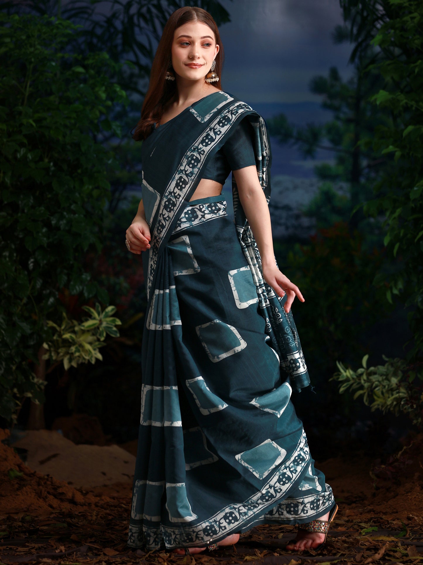 Women's Bhagalpuri Silk Teal blue Printed Designer Saree With Blouse Piece