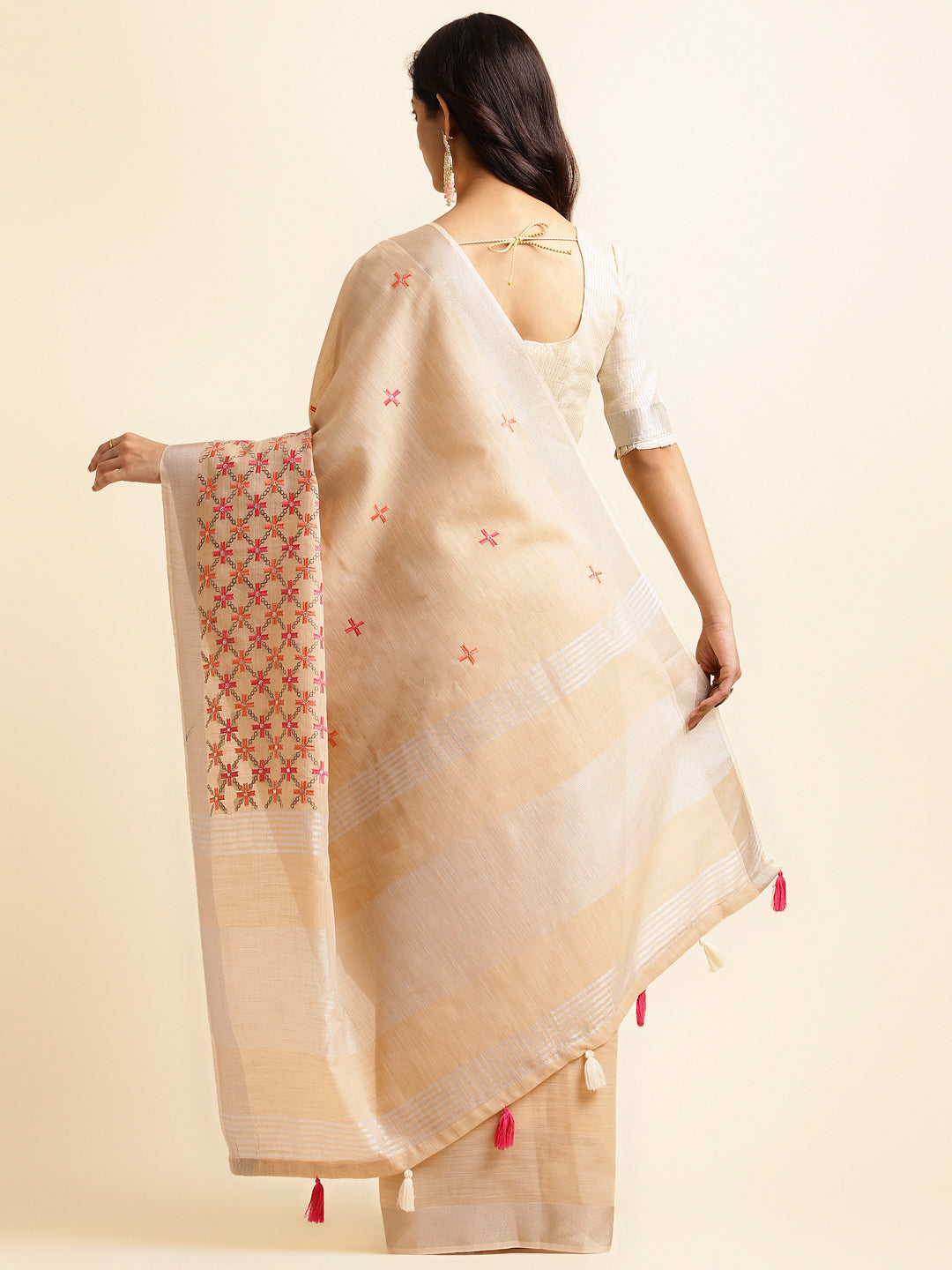 Dhiyona GR Women's CT Beige Cotton Linen Silk Embroidered Saree