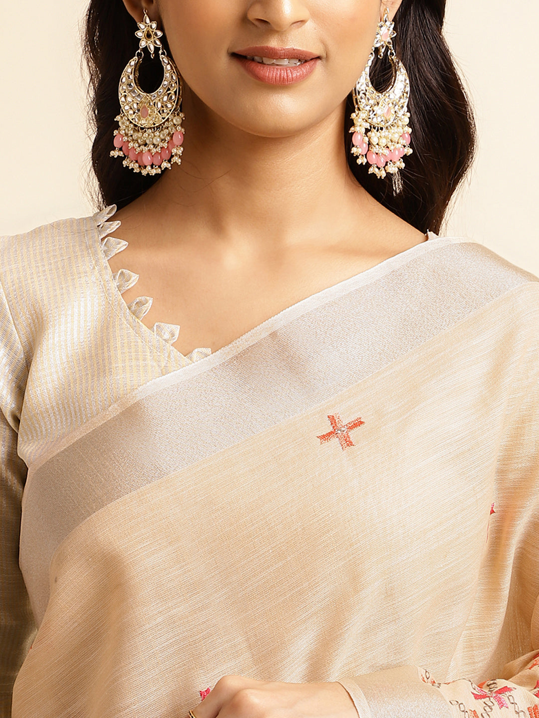 Dhiyona GR Women's CT Beige Cotton Linen Silk Embroidered Saree