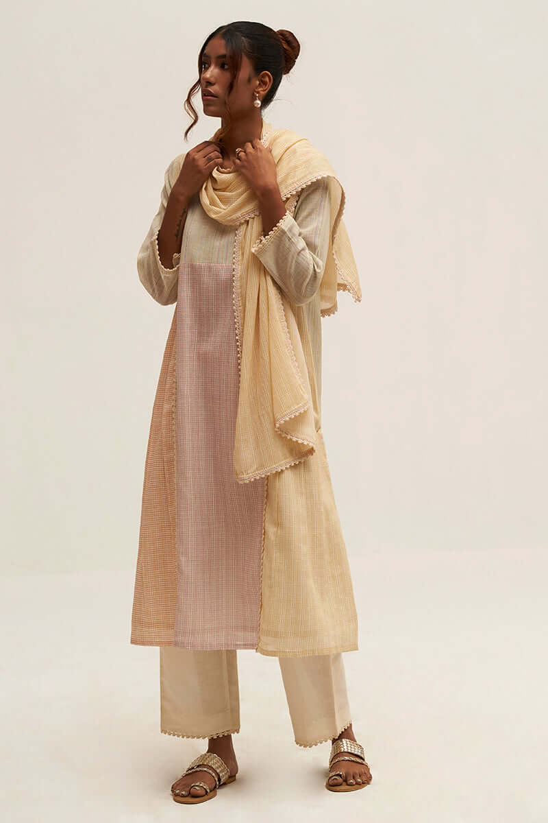 Women's Cream and Multi Color Printed Cotton Linen Salwar Suit With Stole