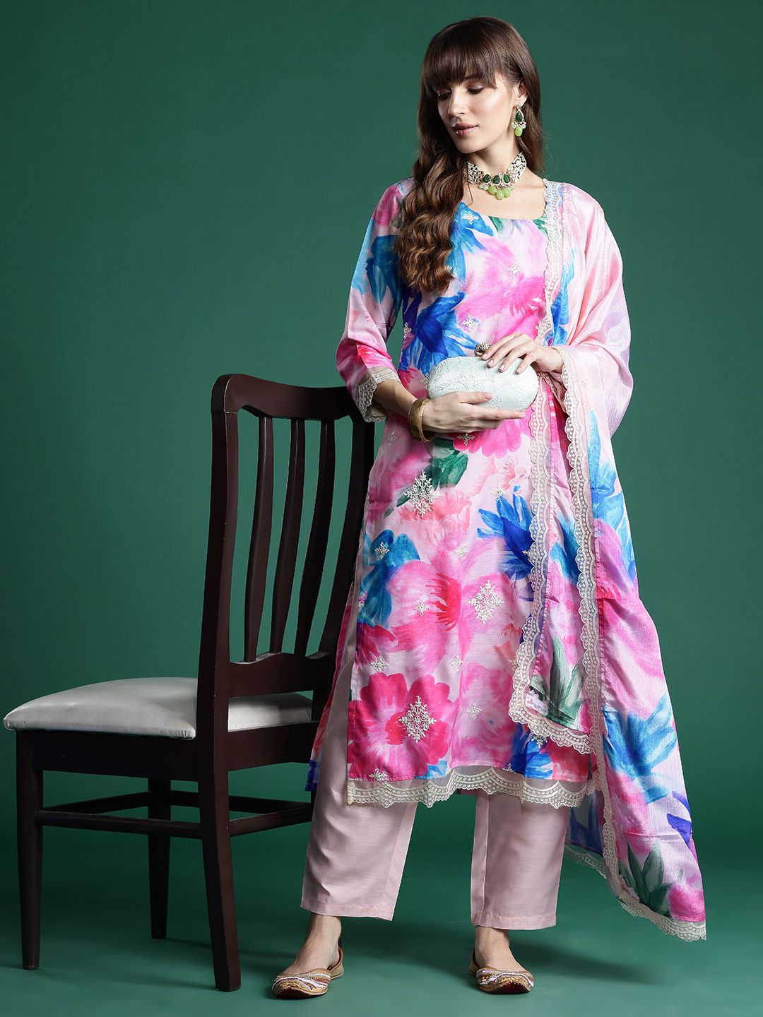 Dhiyona IE Floral Embroidered Empire Thread Work Kurta With Trousers & Dupatta