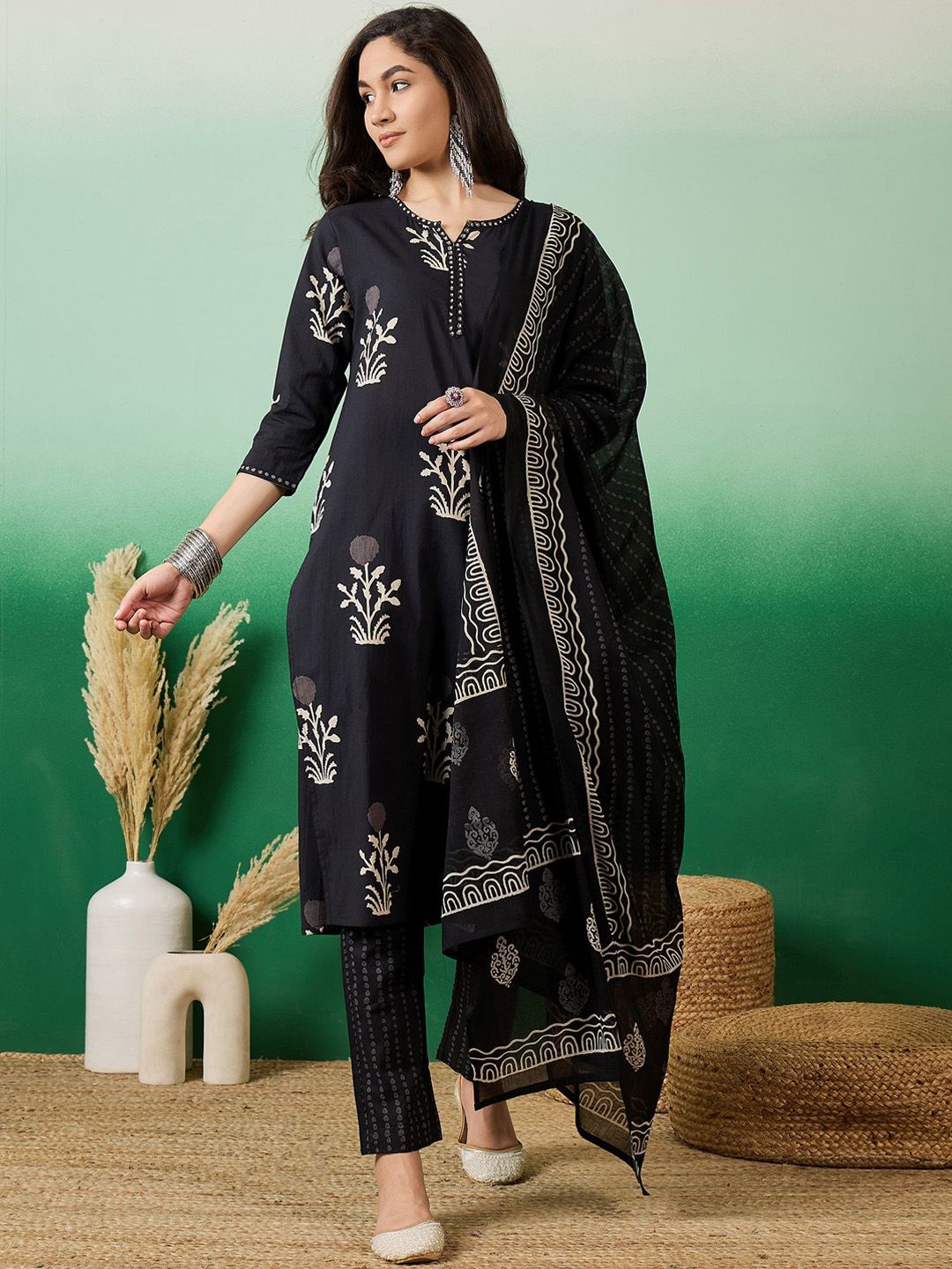Dhiyona SN Women's Notch Neck Printed Pure Cotton Kurta With Trousers & Dupatta