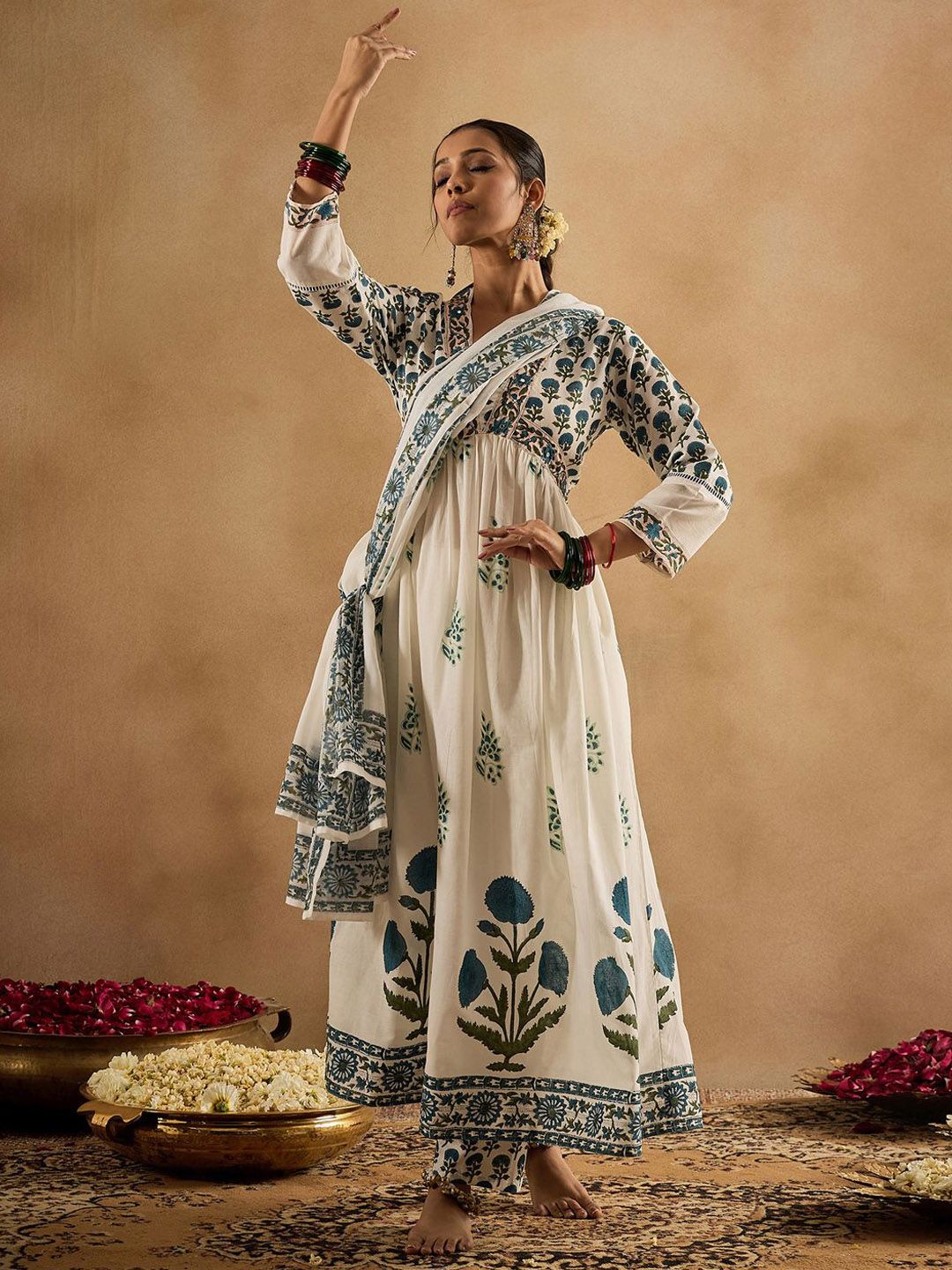 Dhiyona IE Floral Printed Empire Pure Cotton Anarkali Kurta With Trouser & Dupatta