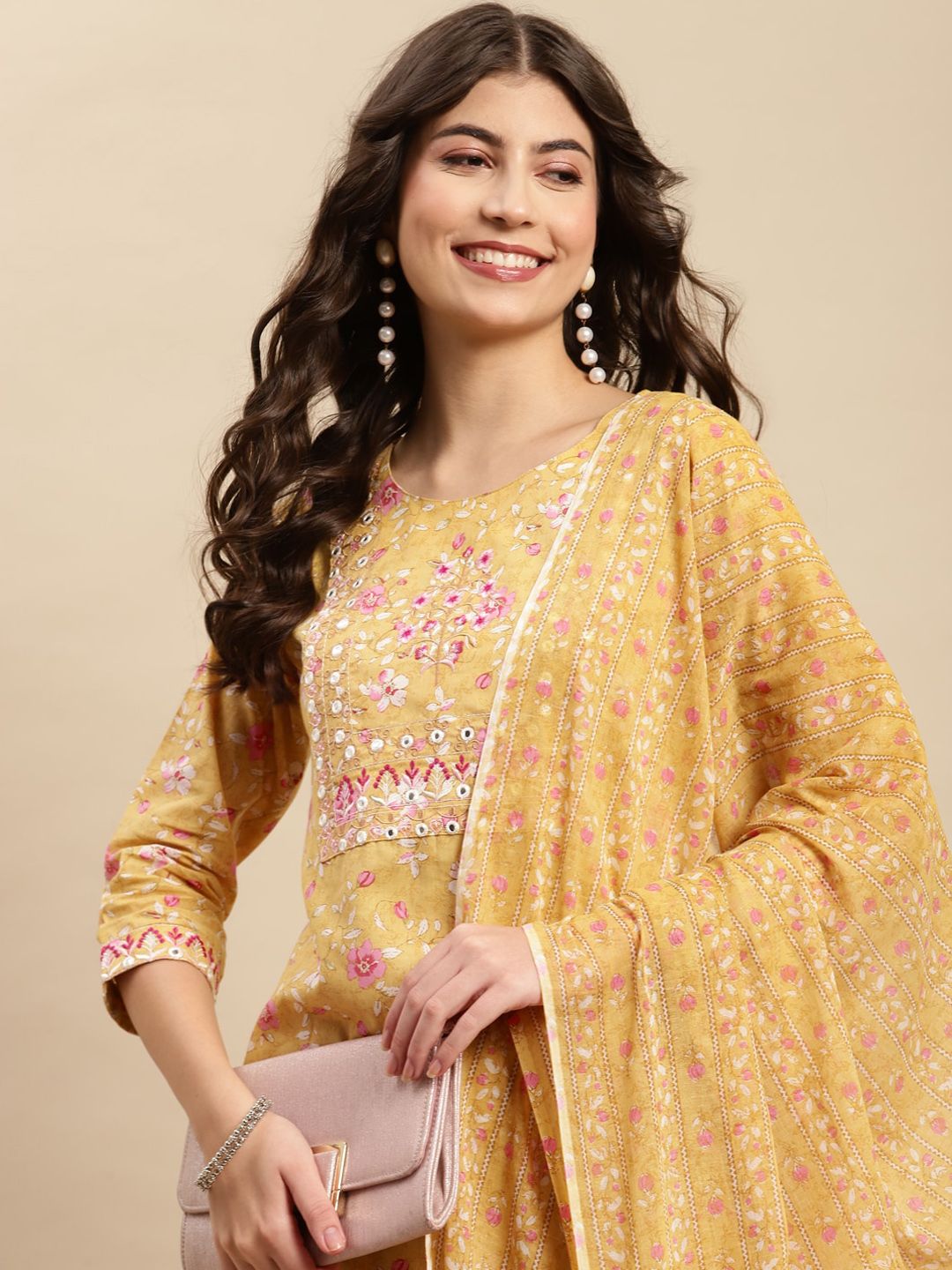 Dhiyona SN Women's Yellow & Pink Floral Printed Pure-Cotton Straight Kurta With Trouser & Dupatta