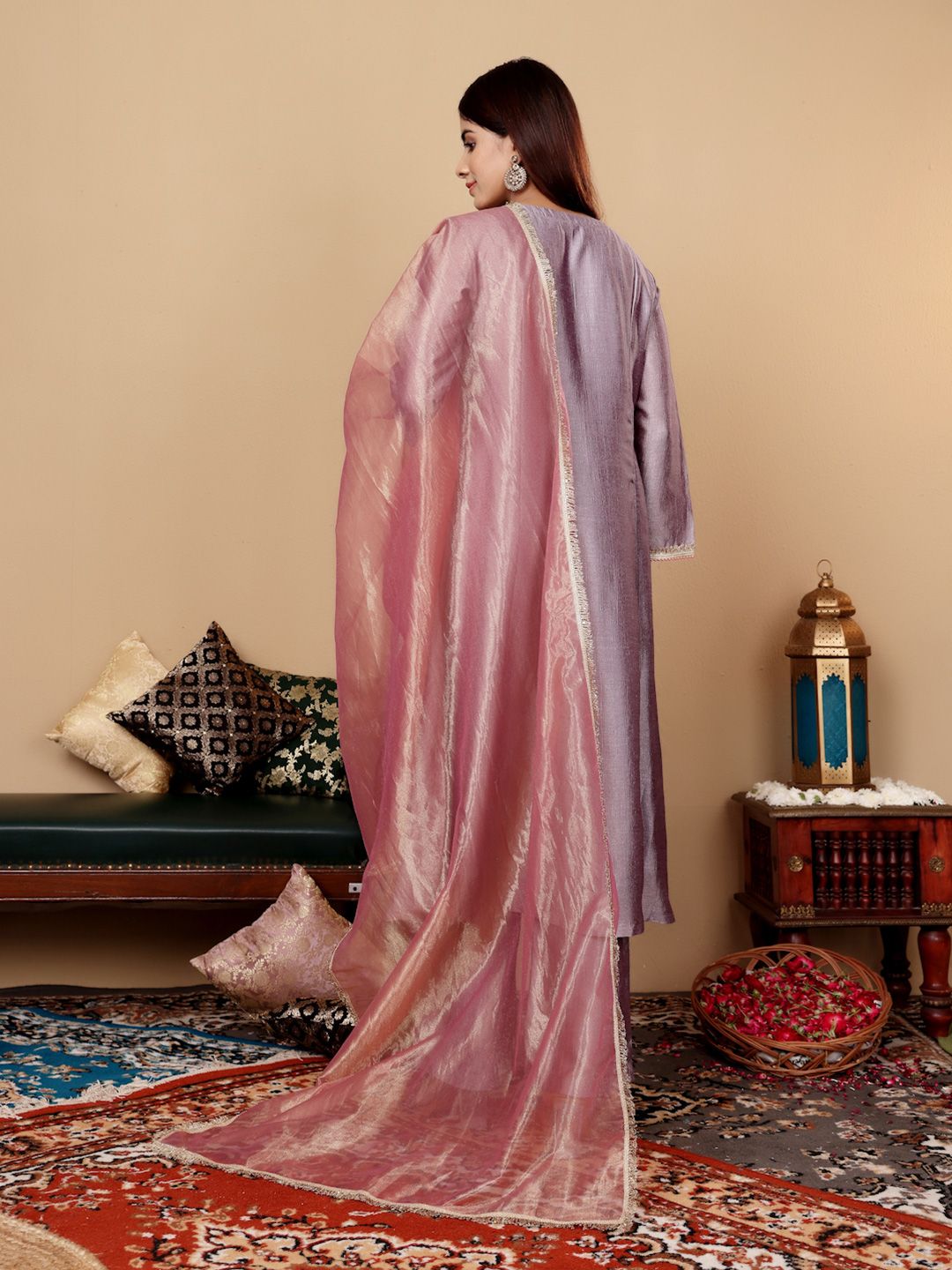 Dhiyona VA Women'sLavender Embroidered Yoke Design Notch Neck Anarkali Kurta with Trousers & Dupatta