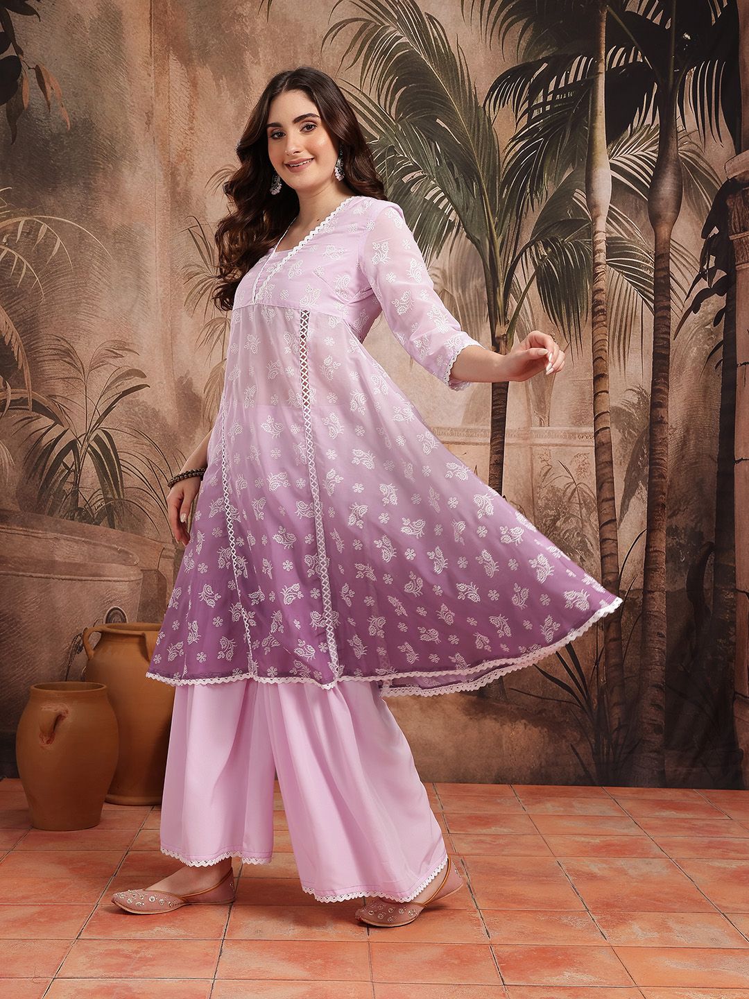 Dhiyona SN Women's Floral Printed Semi Sheer Panelled Kurta with Sharara & Dupatta