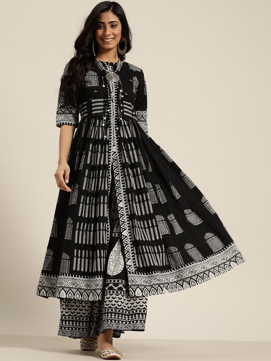 Dhiyona SN Women's Black & White Ethnic Motifs Printed Pure Cotton Kurta with Sharara