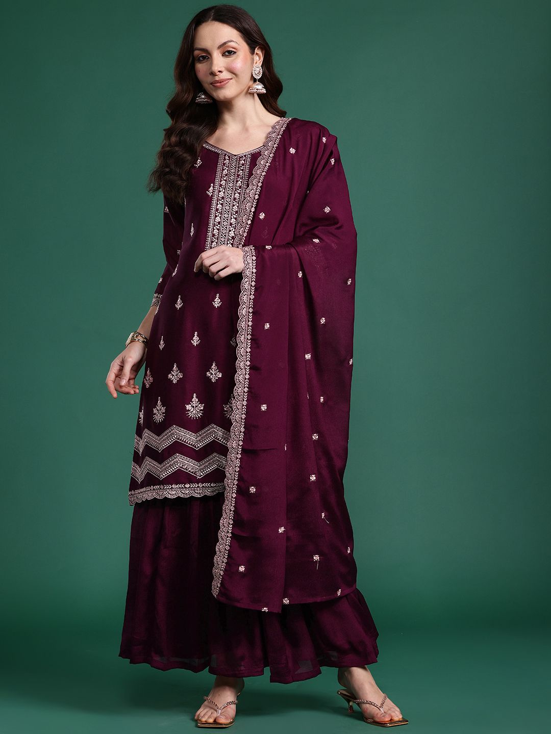 Dhiyona IE Ethnic Motifs Embroidered Regular Sequinned Kurta with Sharara & Dupatta